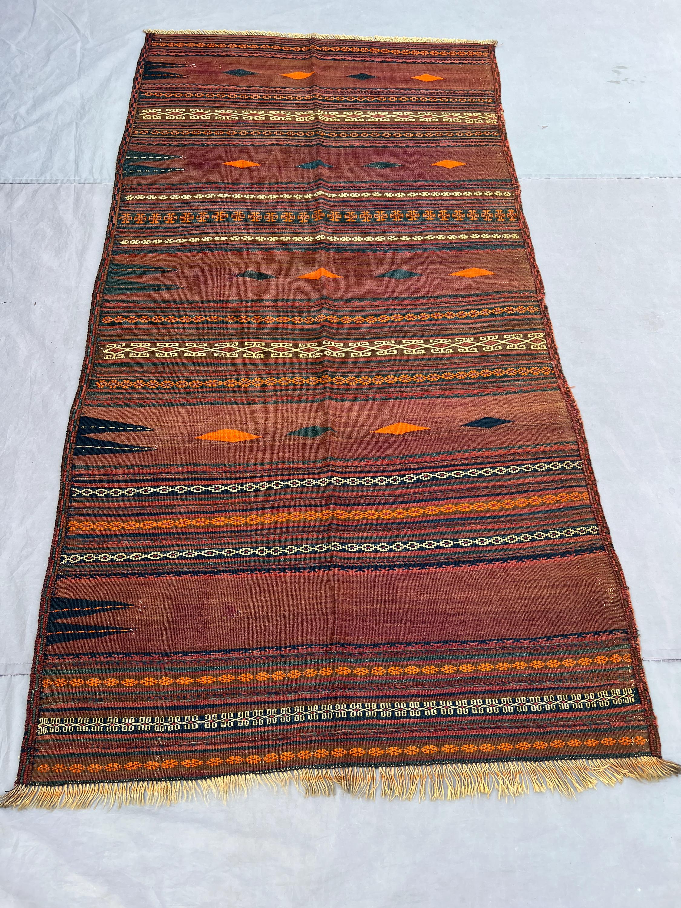 4'2x7'9 Vintage Afghan Flat Woven Wool Kilim Warm Rust Brown Orange Scattered Diamond Stripe Geometric Tribal Boho Living Room Carpet