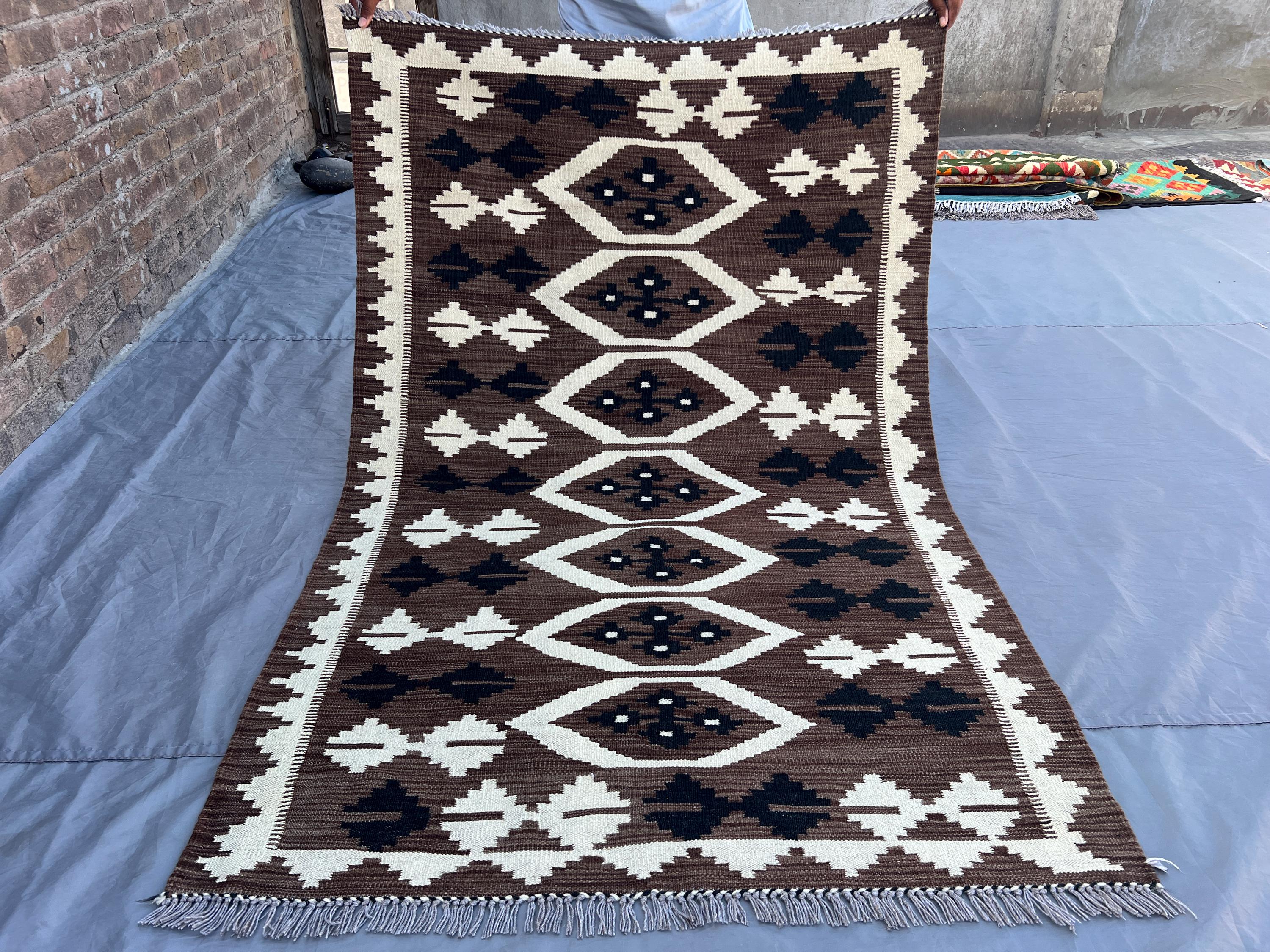 4x6 Afghan Kilim Rug | Handwoven Wool Flat Weave | Brown Black Tribal Rug | Neutral Geometric Carpet | Boho Living Room Accent, Kitchen Rug