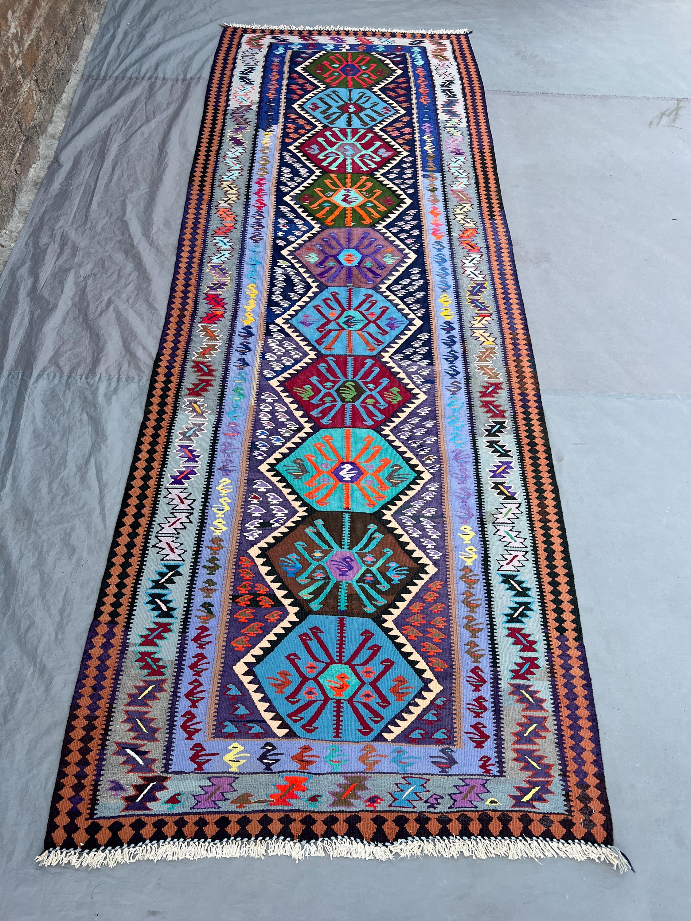 3'4x9'6 Vintage Afghan Kilim Handwoven Wool Flatweave Bold Hexagonal Bird Medallion Navy Purple Teal Multicolor Runner | Hallway Entryway