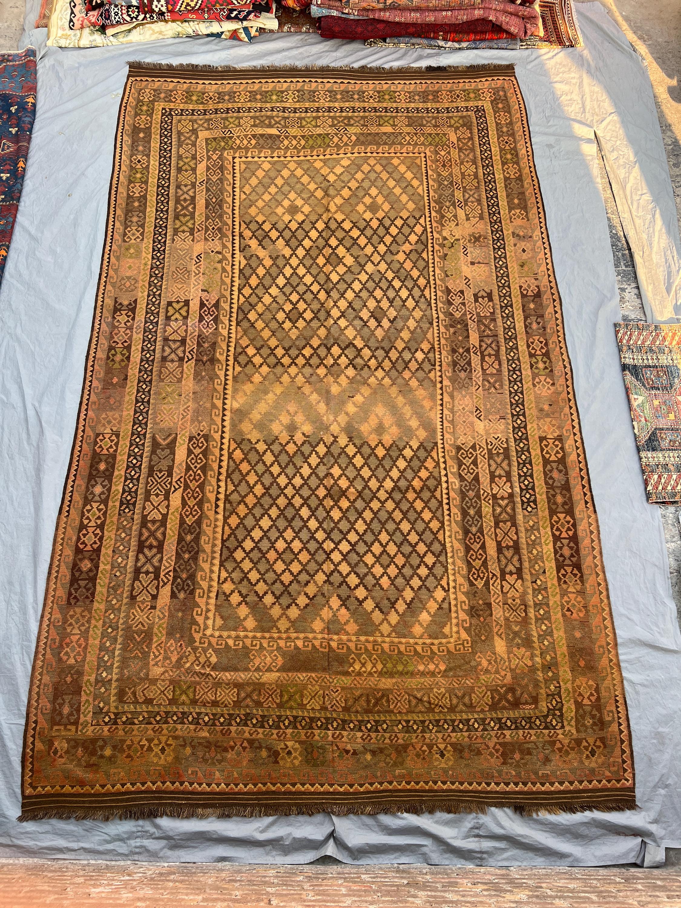 Beige 8'10x14'7 ft Vintage Afghan Kilim Flatweave Wool Rug, Geometric Diamond Design, Tribal Motifs, Large Are