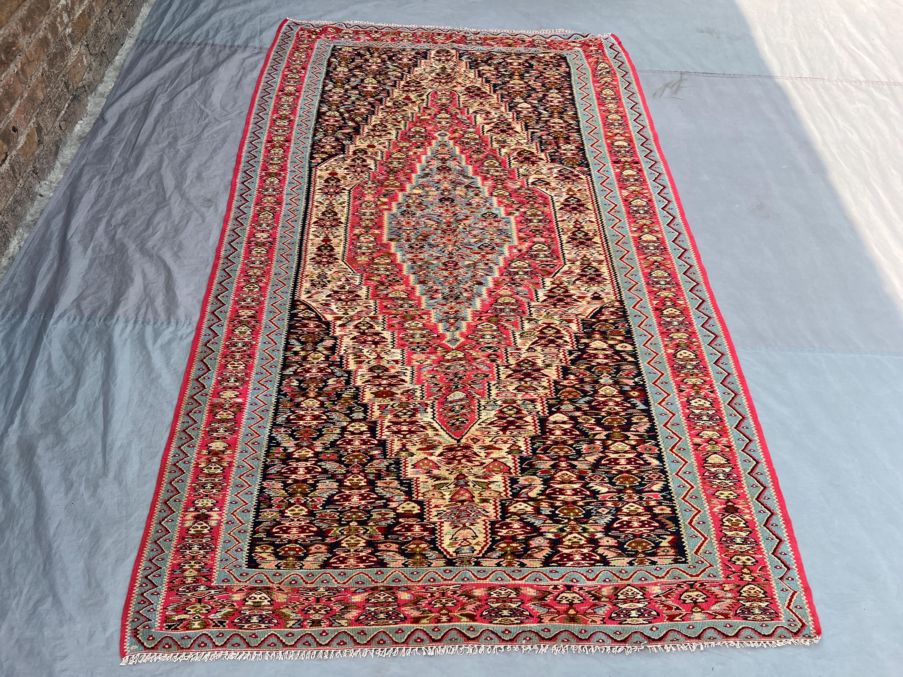 5x8'3 Vintage Afghan Kilim Handwoven Wool Flatweave Diamond Stepped Medallion Hot Pink Navy Ivory Multicolor Area Rug | Living Room Bedroom