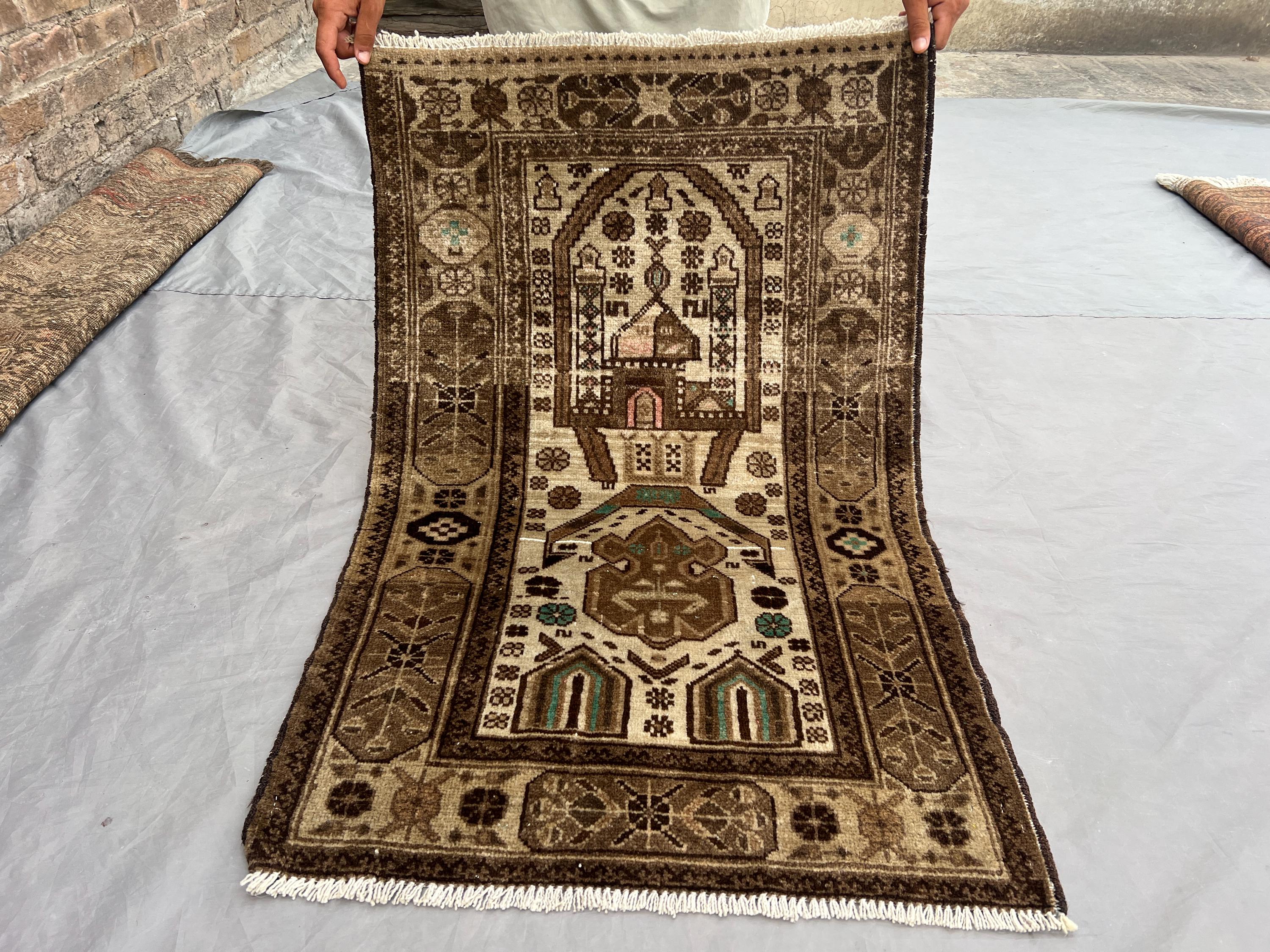 2'3 x 3'7 ft Vintage Afghan Hand Knotted Wool Prayer Rug, Brown Cream Tribal Geometric Mosque Design, Unique Small Oriental Carpet, Kids Rug