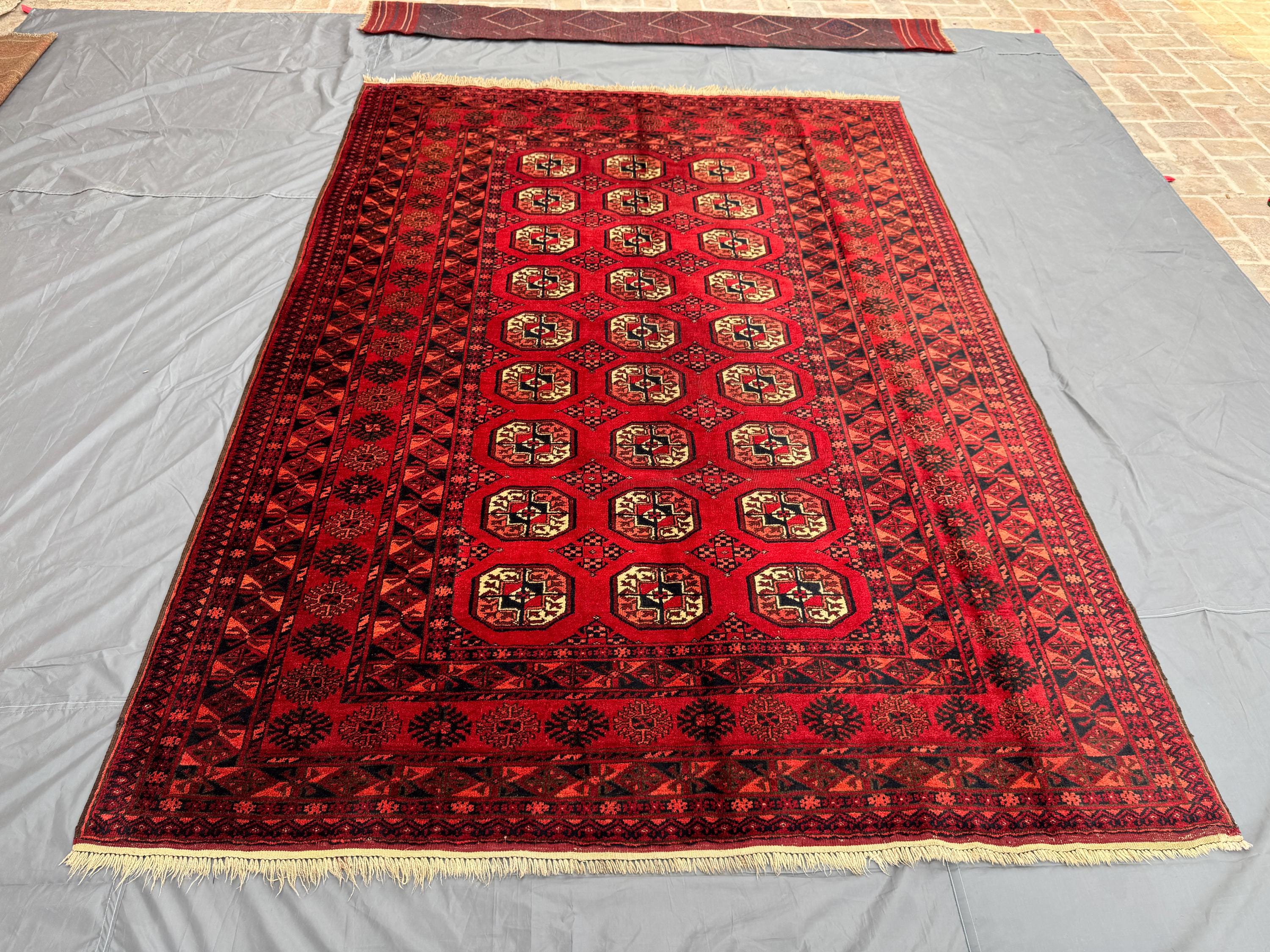 7 x 10 ft Vintage Afghan Hand Knotted Turkoman Bokhara Rug Deep Red Black Design Soft Wool One Of A Kind Large