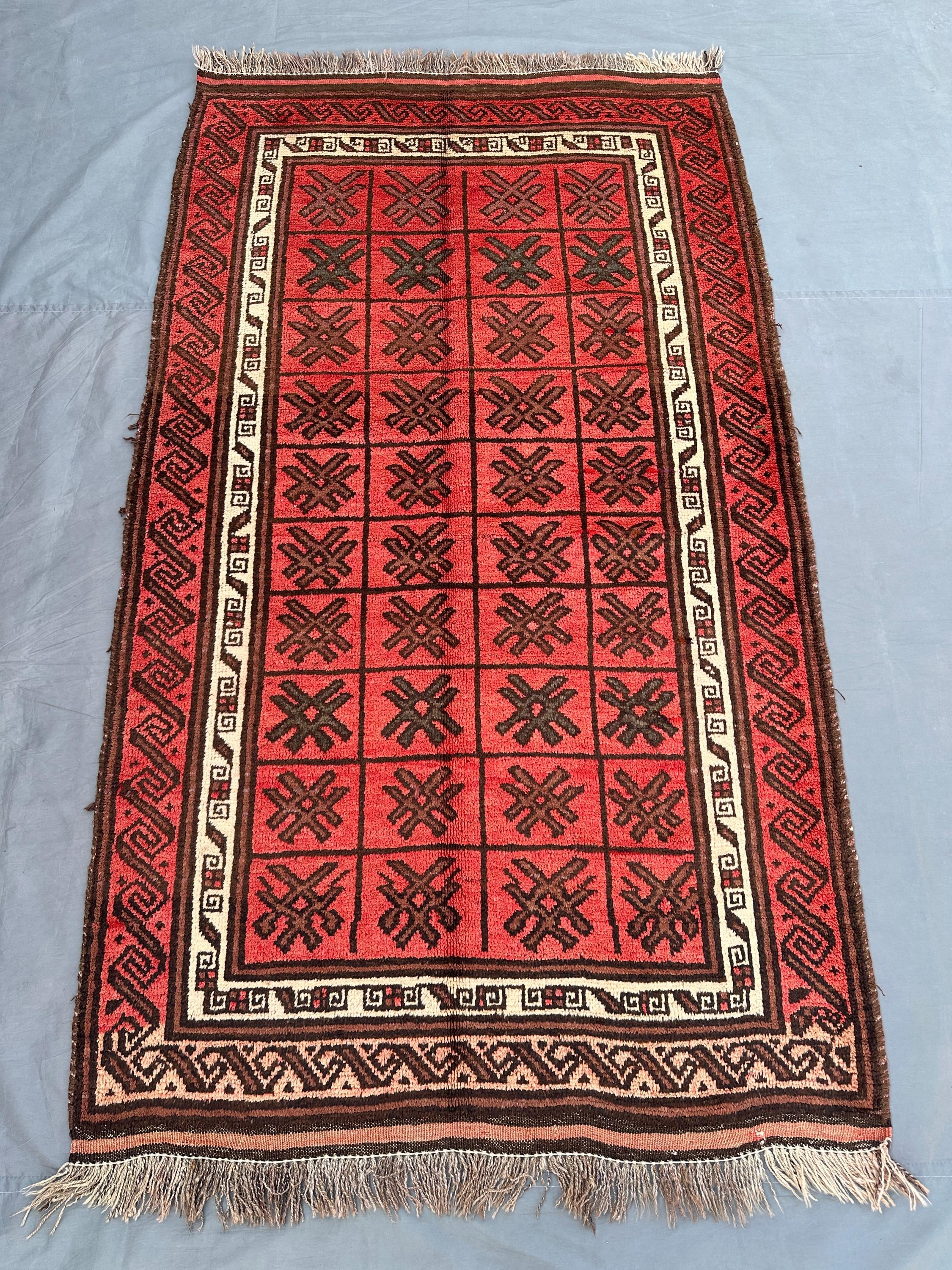 4x7 Antique Afghan Baluch Rug | Hand Knotted Tribal Wool Carpet | Red & Brown Nomadic Fine Area Rug | Geometric Boho Decor, Kitchen rug