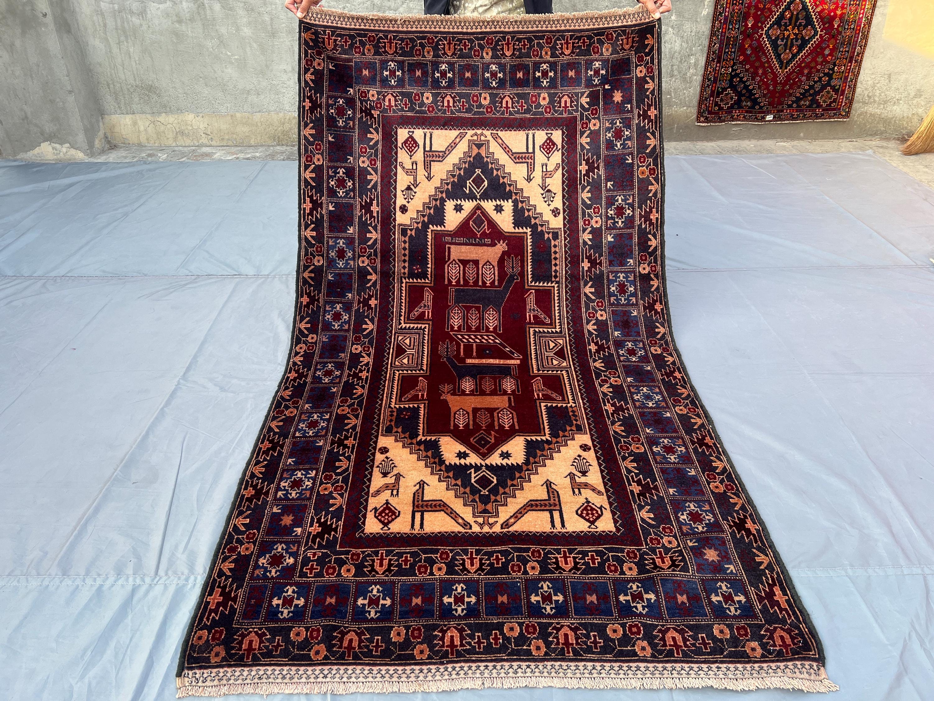 Vintage 4x7.4 ft Afghan Baluch Rug – Hand-Knotted Turkmen Wool Carpet – Pictorial Animal Design Tribal Rug for Rustic Décor, Turkish Rug