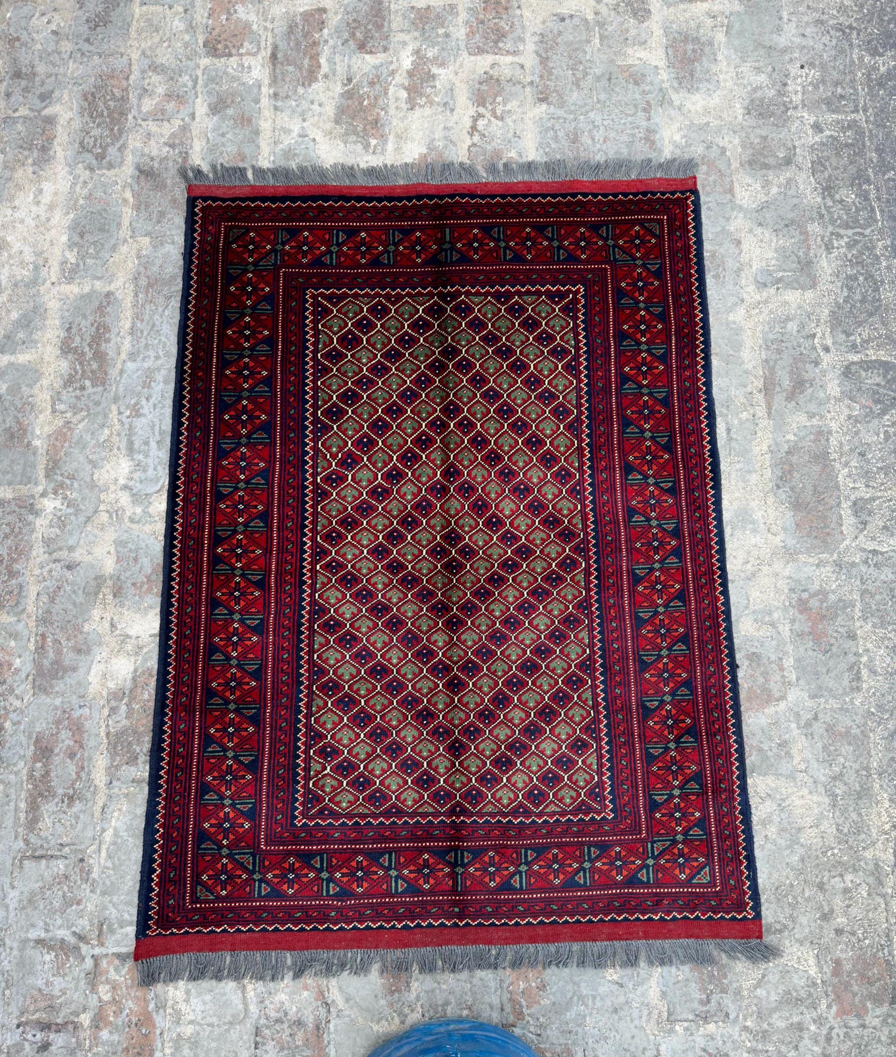 Afghan Turkoman Hand-Knotted Wool Rug 4x5 Luxury Geometric Bokhara Tribal Carpet, Handmade Ersari Rug, Bedroom Rug Kids Rug, Accent Area Rug