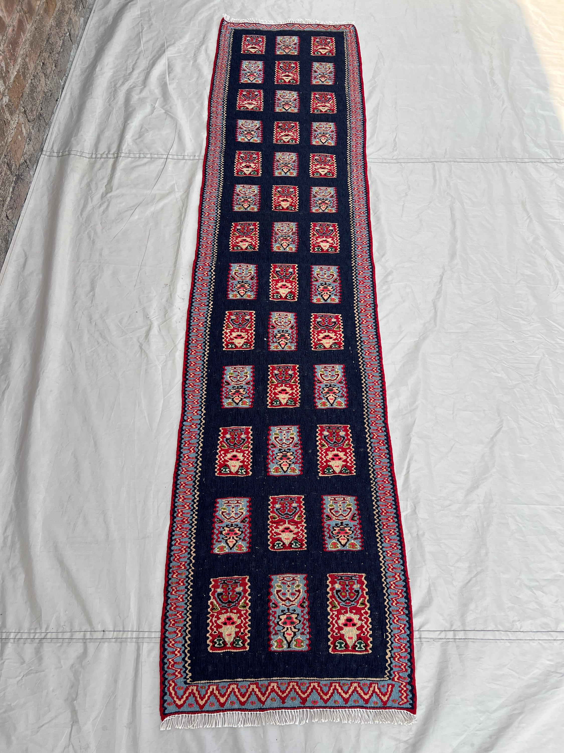 1'10"x7'10" Vintage Afghan Handwoven Flatweave Kilim Runner –Navy & Red Floral Design, Wool, Traditional Wool