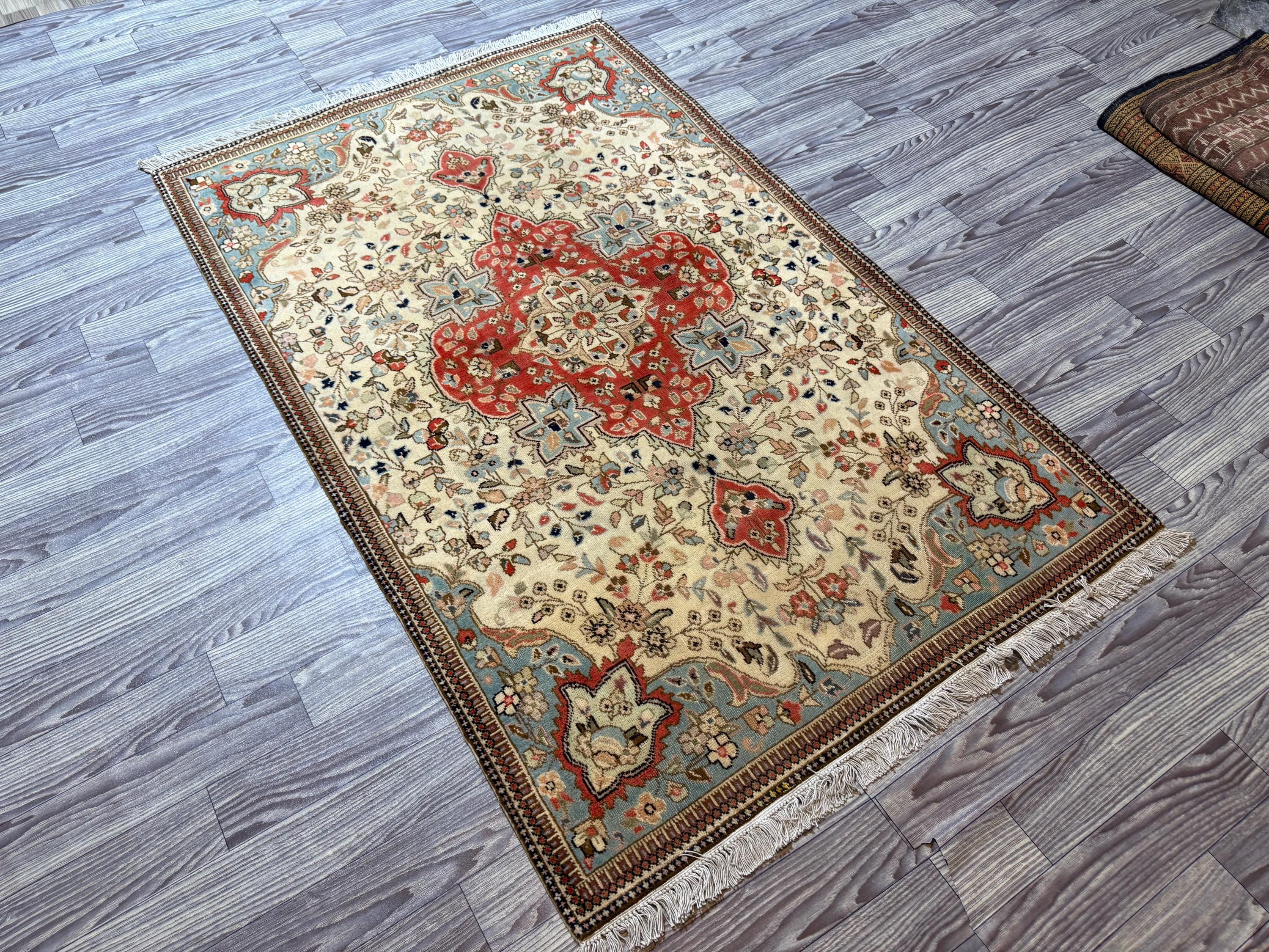 Vintage Turkish-Inspired Oriental Rug – 3'8" x 5'11" Geometric Faded Medallion Design, Soft Wool, Elegant Traditional Rug, Floor Rug