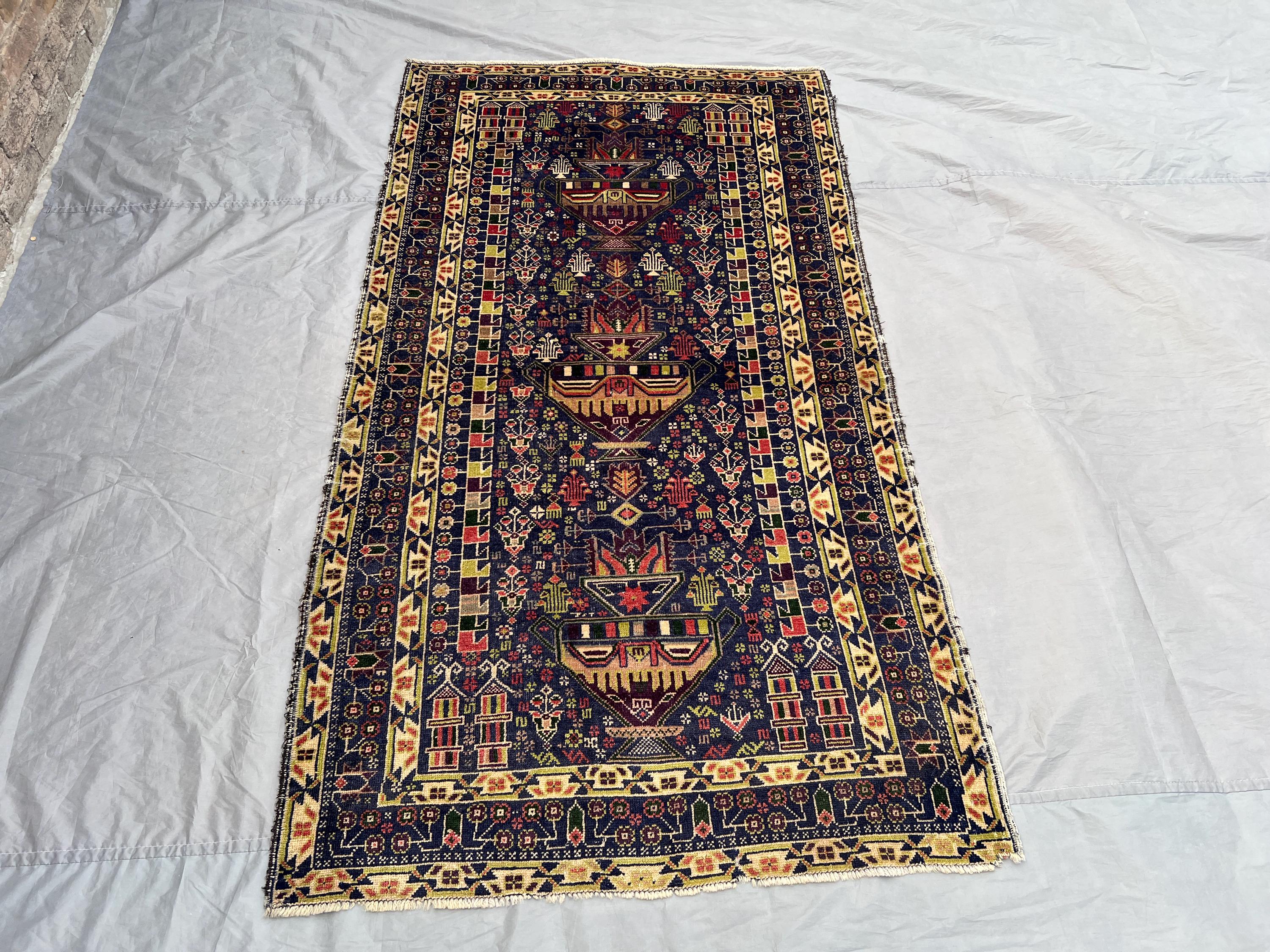 Antique Afghan Baluchi Rug | 3.8x6.9 ft Hand Knotted Pictorial Floral Pot Geometric Wool | Vintage Tribal Noma