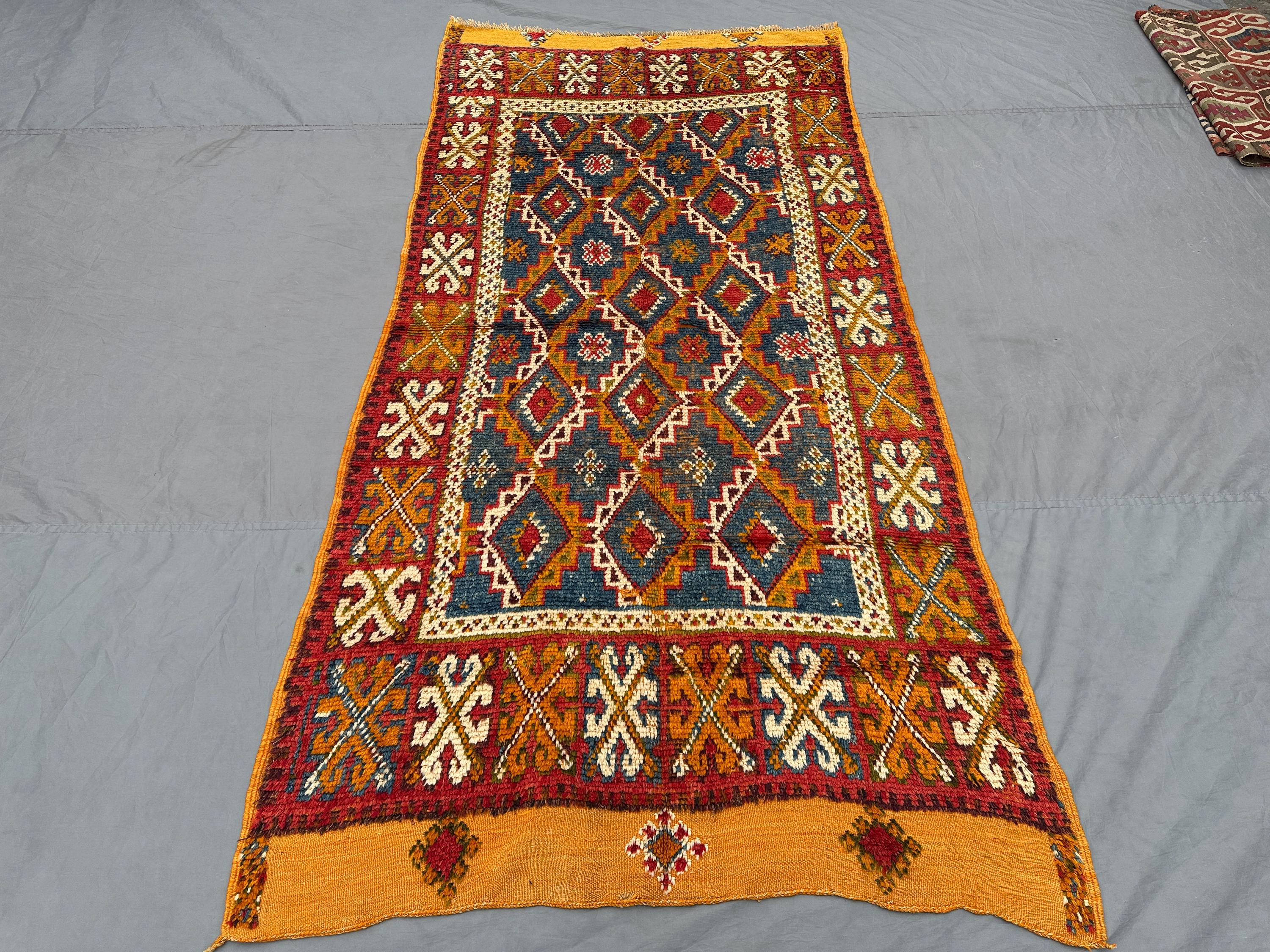 4'4x9 ft Moroccan Tribal Rug | Hand-Knotted Wool Runner | Vintage Berber Style Carpet | Bold Colorful Boho Hallway Decor, Floor Wide runner