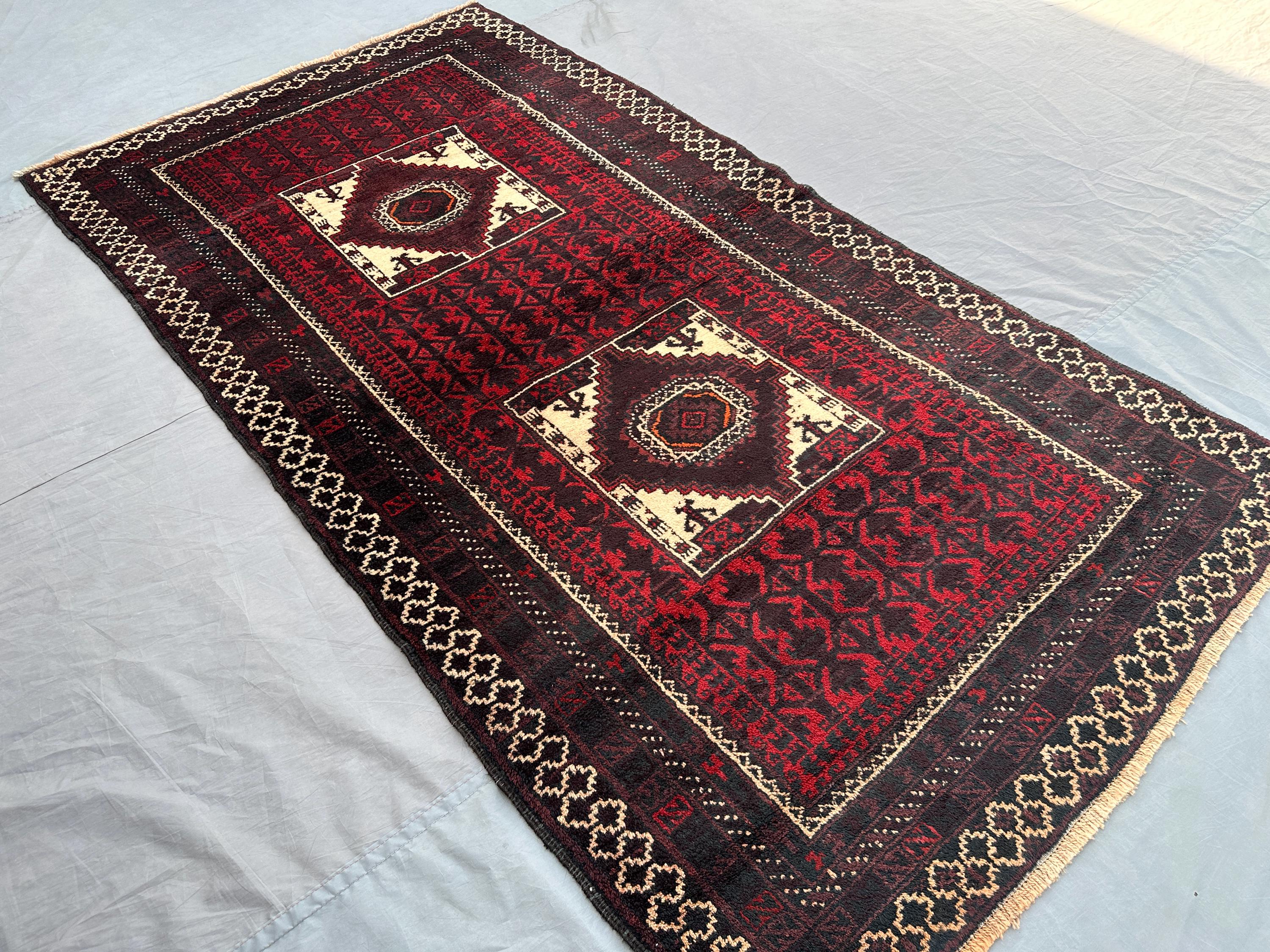 4x7 Vintage Afghan Baluch Rug | Hand Knotted Wool Tribal Carpet | Geometric Nomadic Pattern | Rustic Boho Area Rug, Home Decor. Kitchen rug