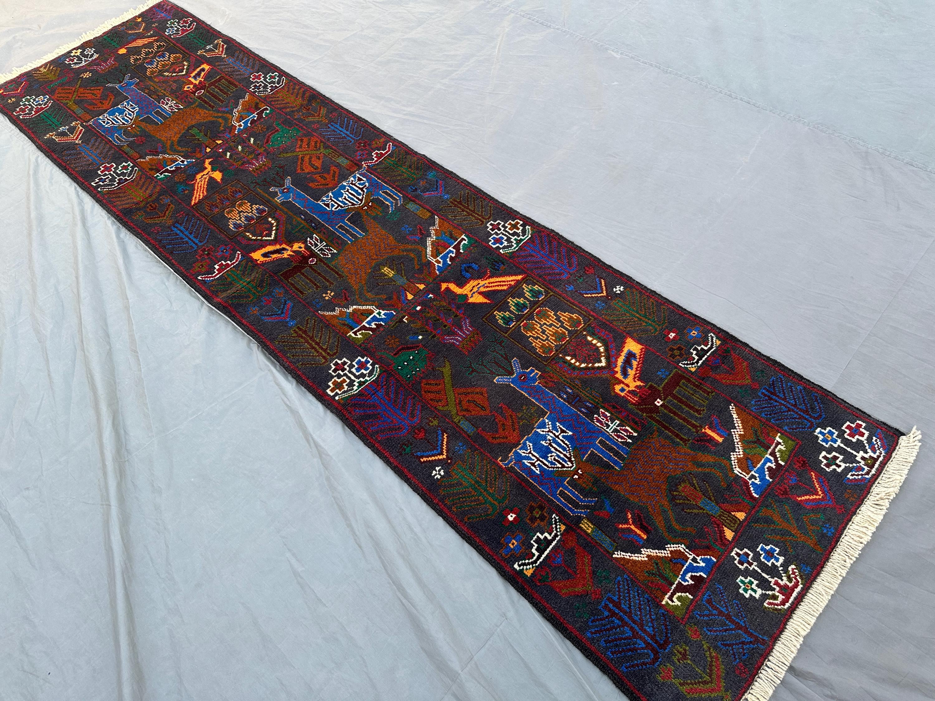 3x9 Vintage Afghan Hand-Knotted Baluchi Runner Rug, Animal Hunting Pictorial Wool Runner, Geometric Tribal Rug for Hallway or Entryway rug