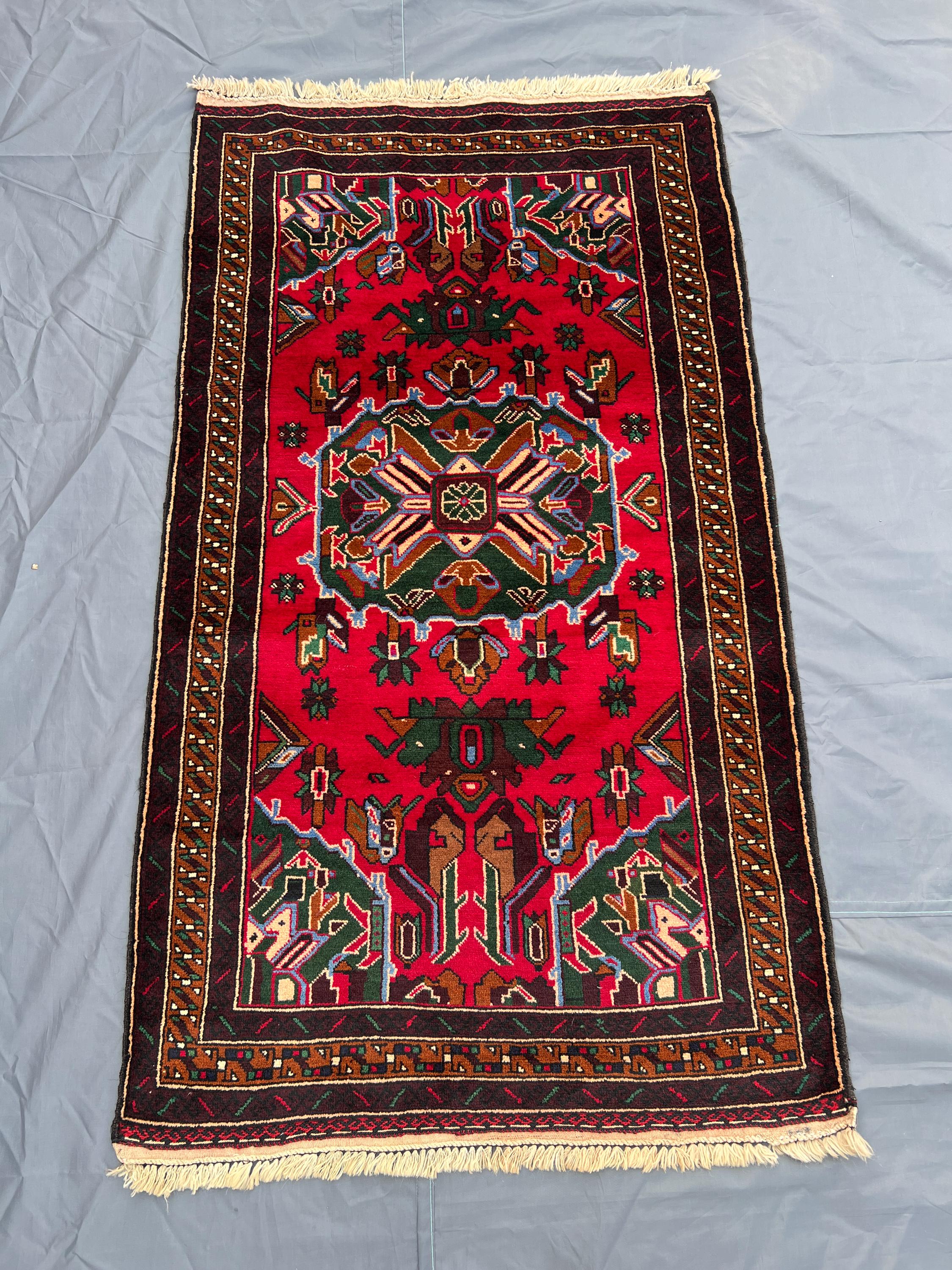 Vintage Afghan Baluchi Rug 3x5 | Hand Knotted Wool Tribal Runner | Red Black Oriental Accent | Boho Decor | No