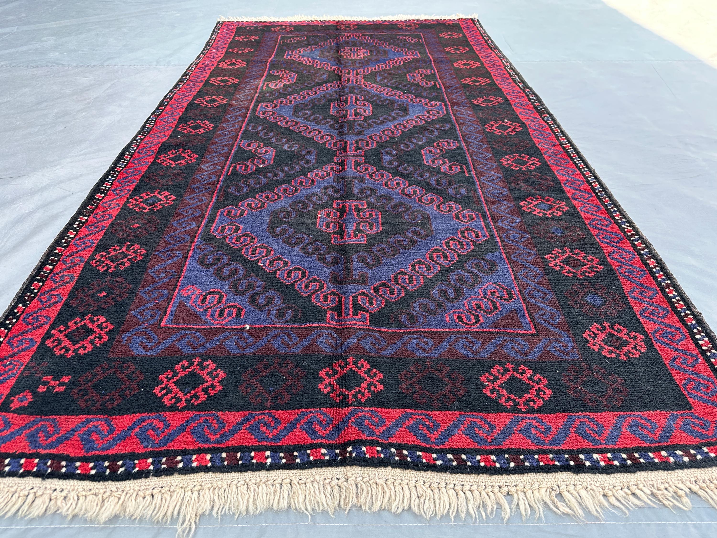 Vintage 1970s Baluch Rug 3'4x6'3 ft, Hand-Knotted Tribal Wool Rug | Deep Blue & Red Nomadic Area Rug | Afghan Bohemian Decor, Kitchen rug