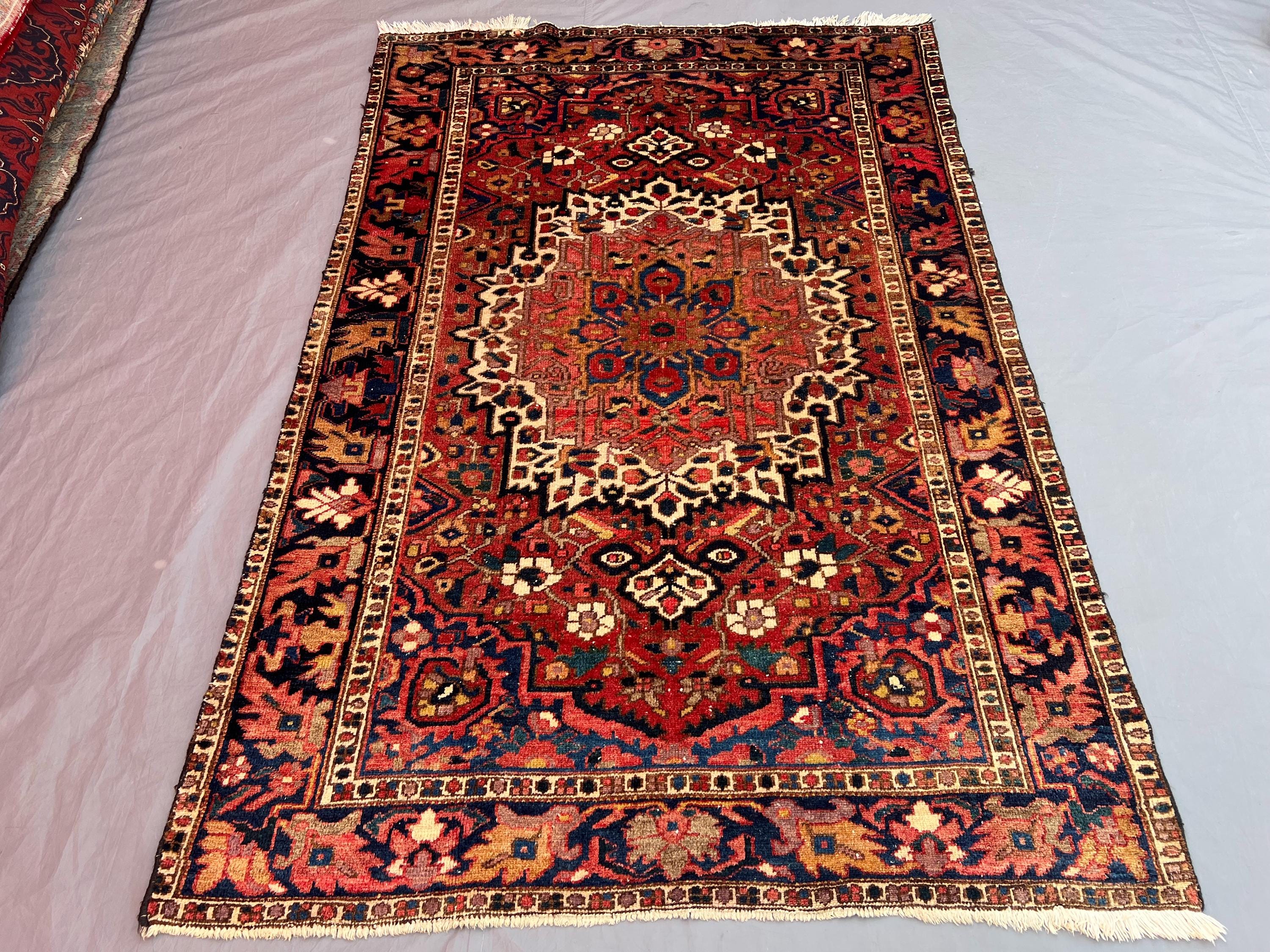 4'5x6'8 Ft Vintage Afghan Hand-Knotted Rug Soft Pile Red, Navy, Beige Tribal Geometric Medallion Design Area Rug Living Room Bedroom