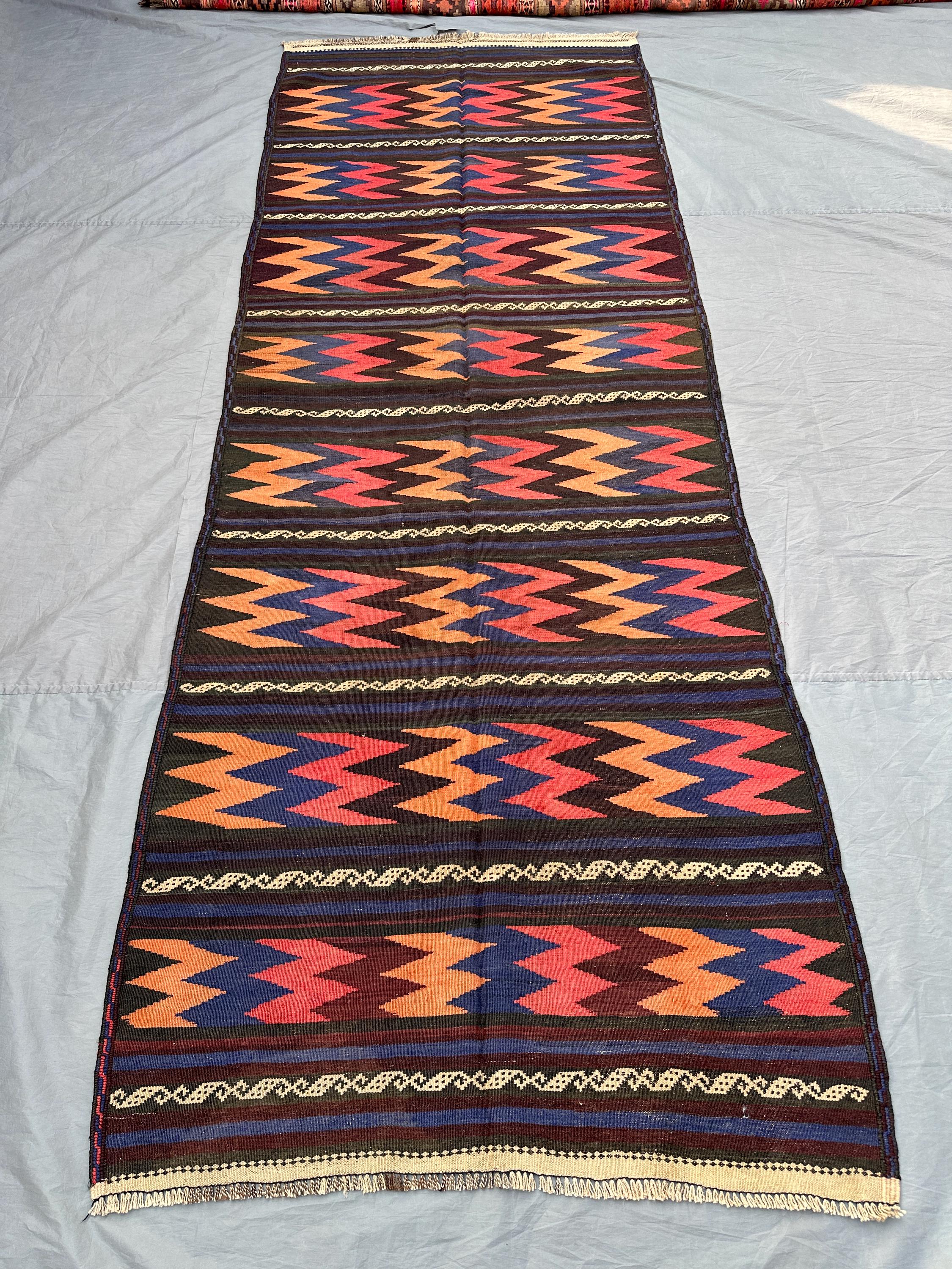 4x11 Afghan Kilim Runner | Vintage Flatweave Wool Rug | Colorful Tribal Chevron Hallway Carpet | Turkish Long Boho Entryway Rug, Home Decor