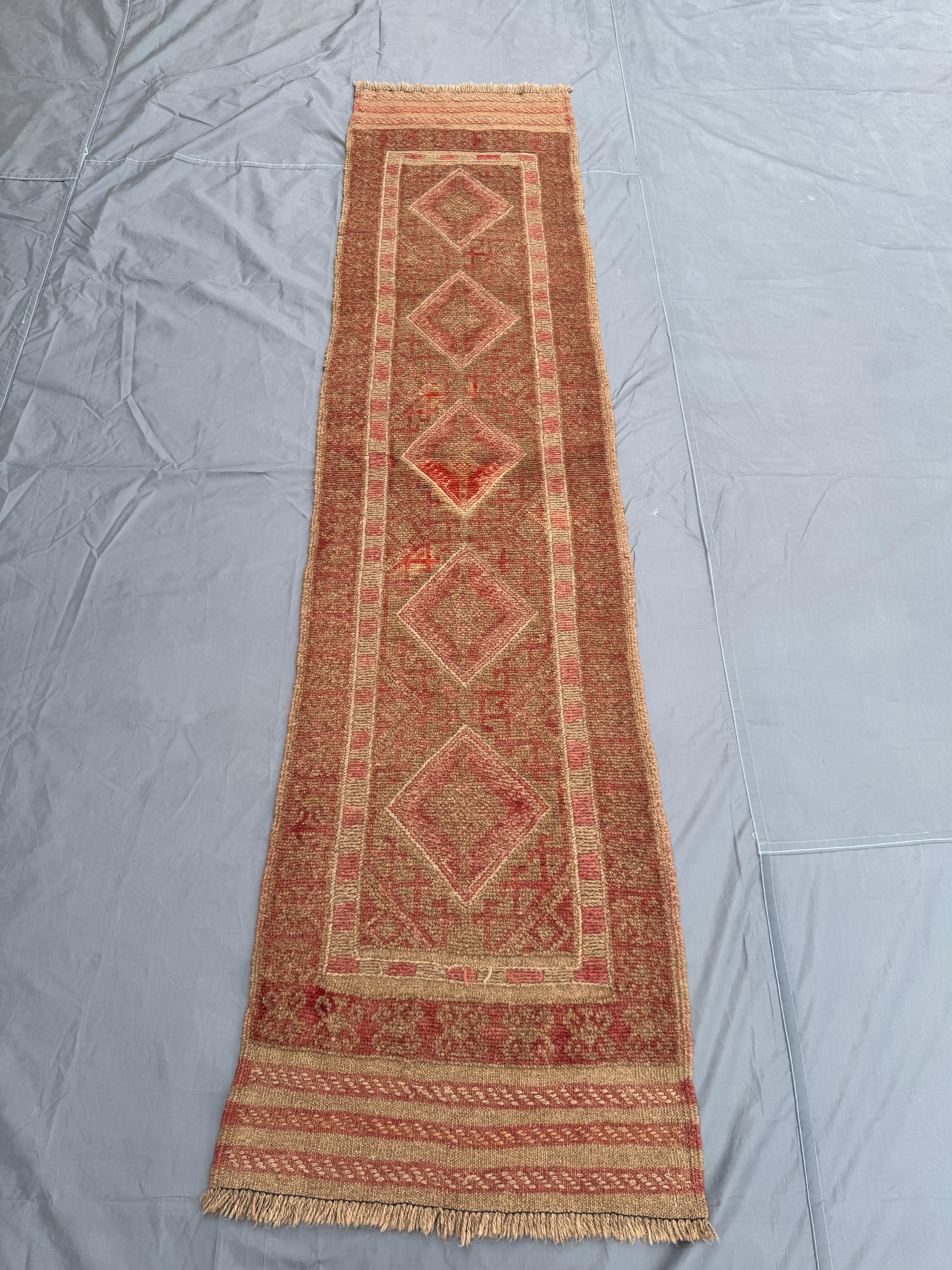 2 x 9 ft Vintage Afghan Hand Woven Kilim Runner Terracotta Faded Brown Red Flat Weave One Of A Kind Tribal Mis