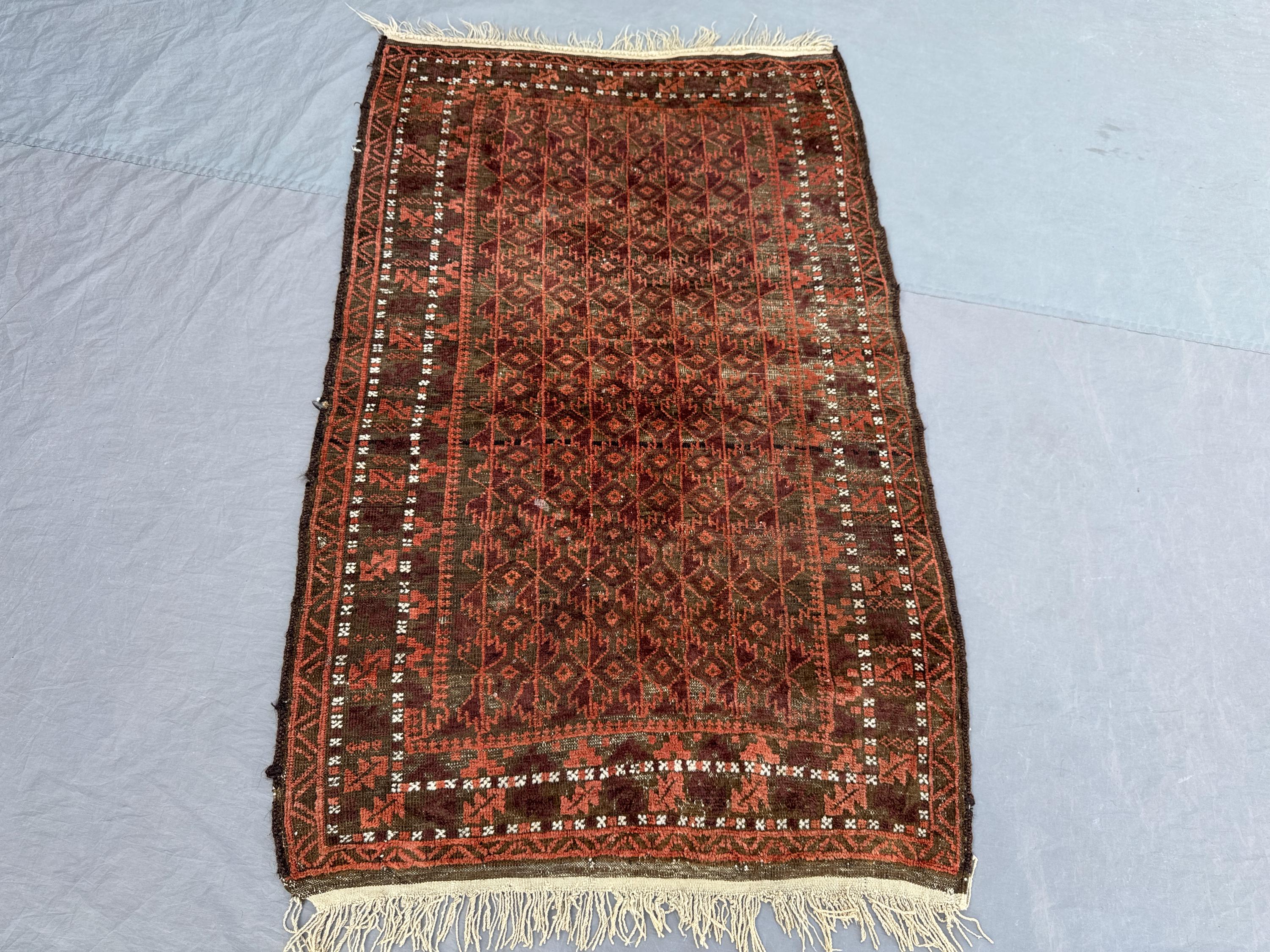 Antique Afghan Baluchi Rug, 3'4x5'5 ft (102x168 cm), Rare 1920s Handwoven, One-of-a-Kind, Geometric Pattern, Rich Red,Collectible Home Decor