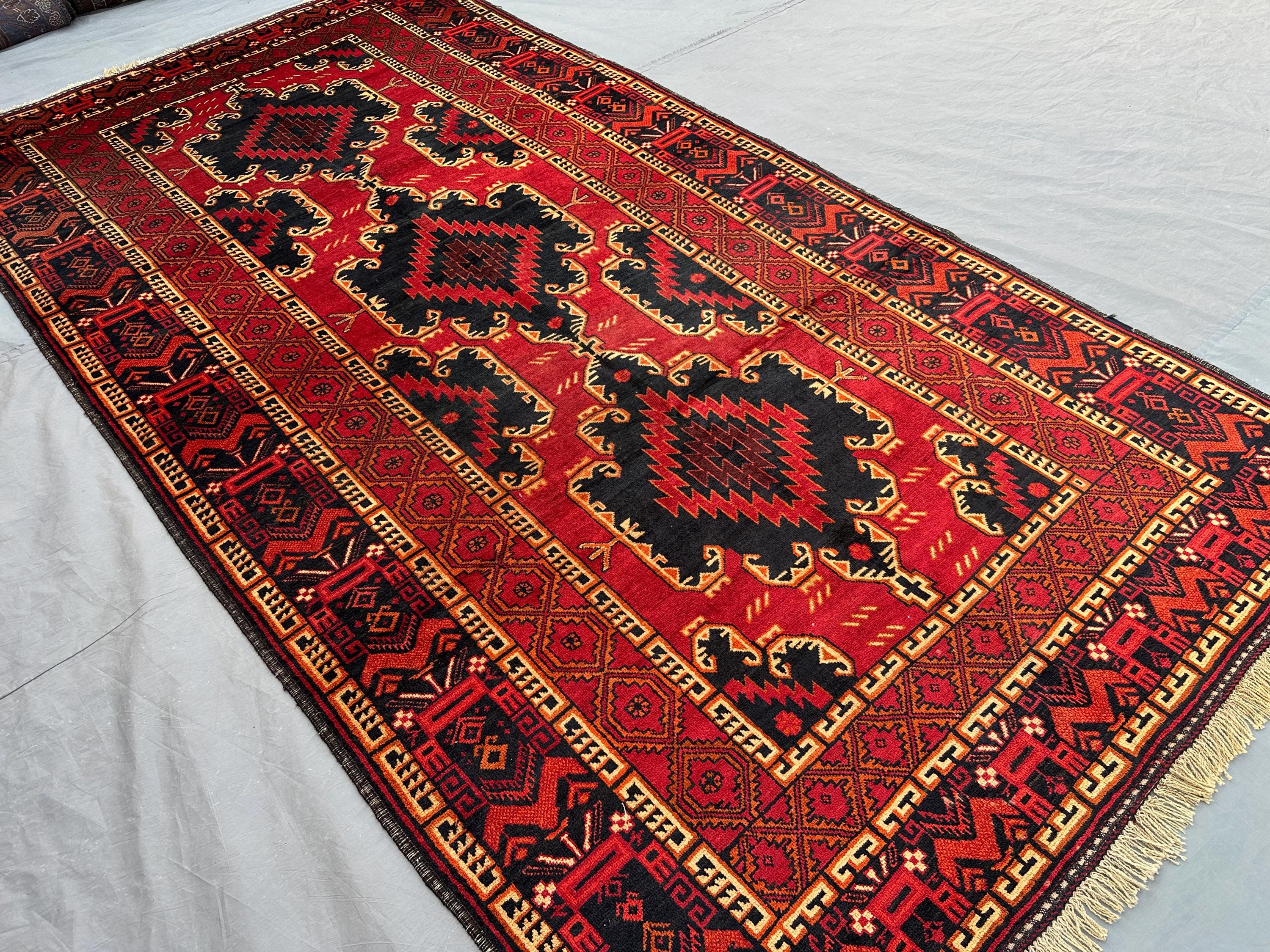 Antique Afghan Baluchi Rug 4'1x9'0 Ft, Fine Hand Knotted Wool Carpet | Caucasian Style Tribal Design | Vintage