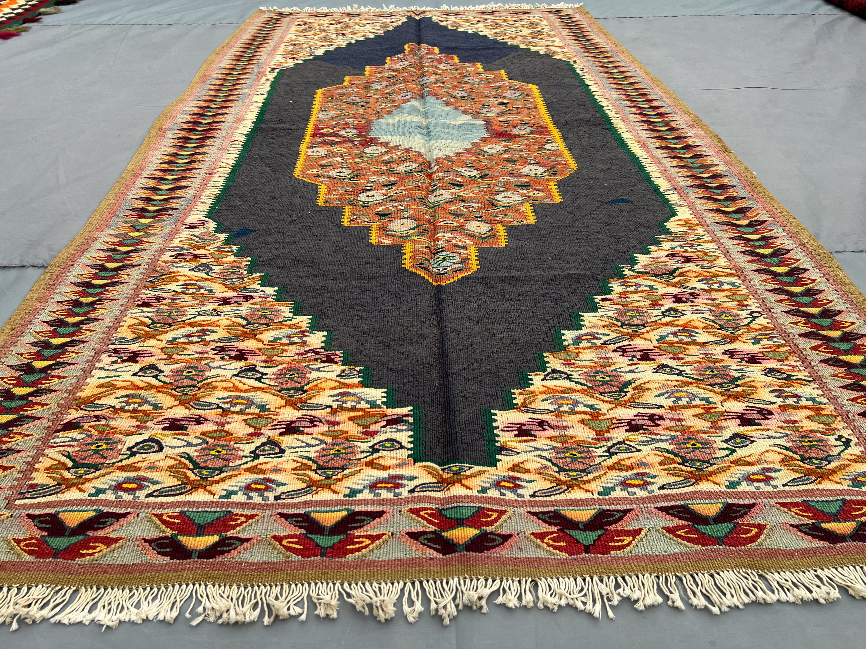 4x7 Antique Turkish Kilim Rug | Handmade Wool Geometric Design | Vintage Area Rug | Kitchen & Dining Room Rug | Tribal Bohemian Decor