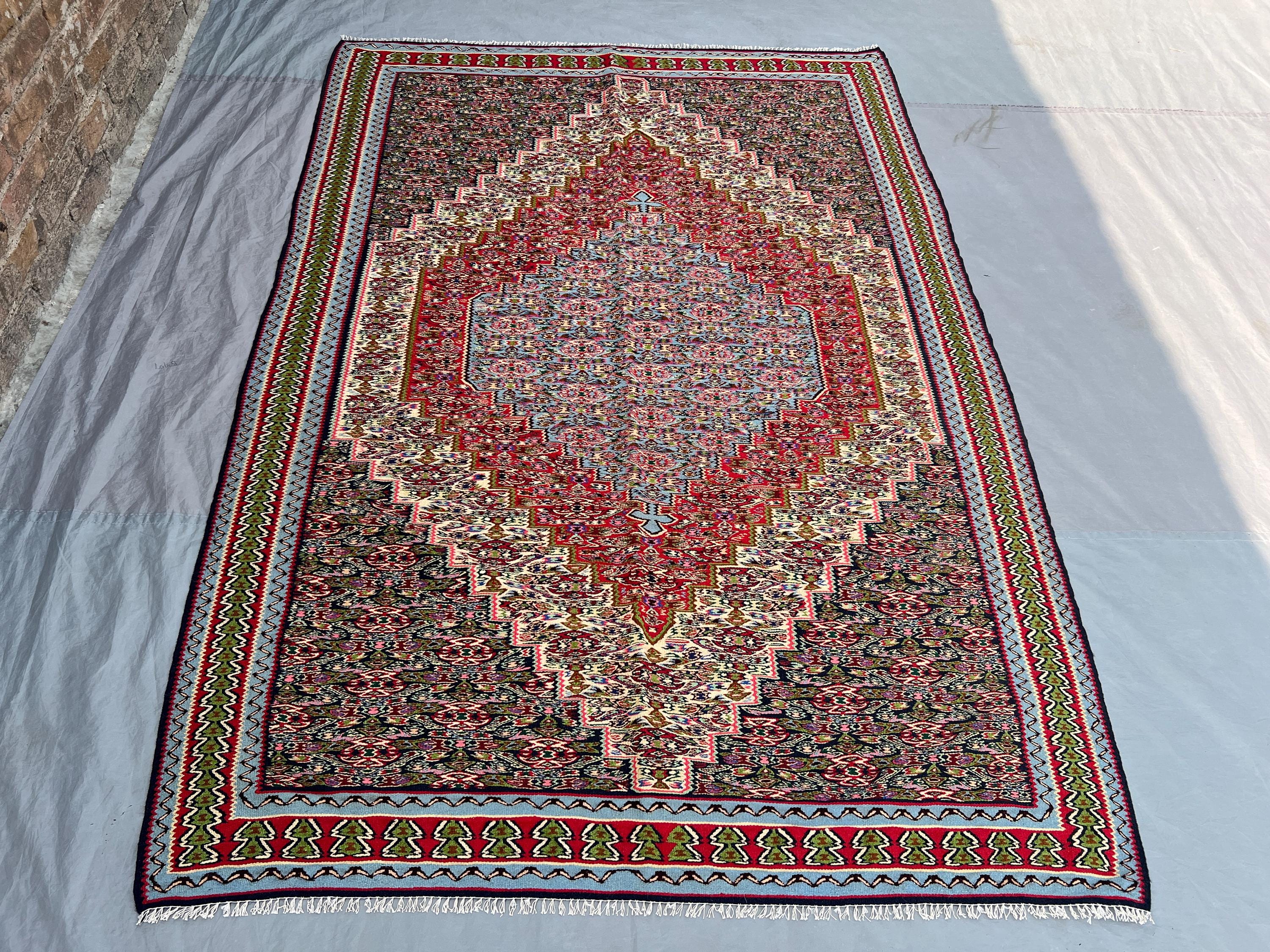 5'3x7'9 Vintage Afghan Kilim Handwoven Wool Flatweave Large Diamond Medallion Sky Blue Red Multicolor Area Rug | Living Room Bedroom Decor