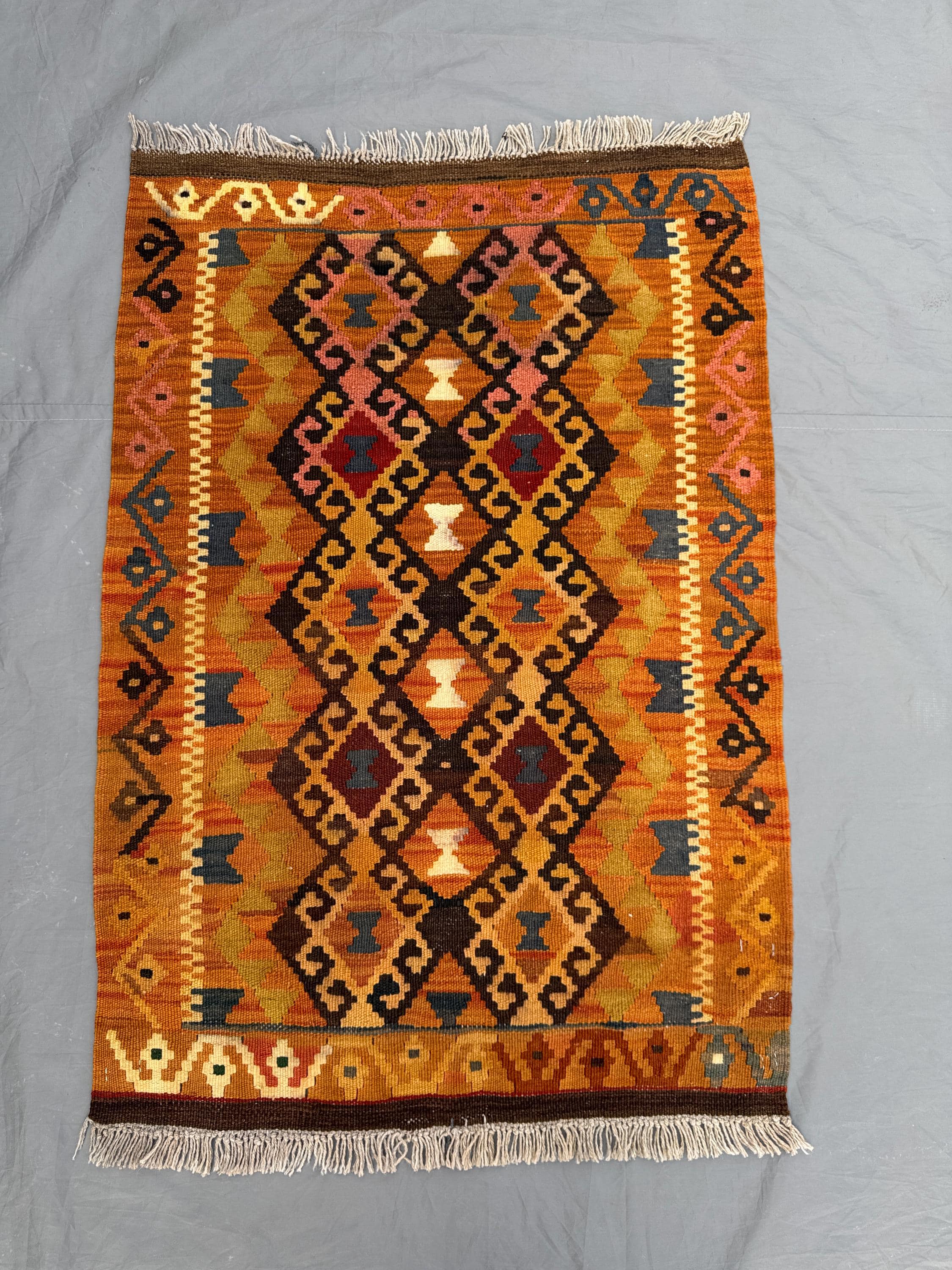 2 x 4 ft Afghan Hand Woven Vintage Flat Weave Kilim - One of a Kind Terracotta Color Faded Maimana Design | Living room & Bedroom decor