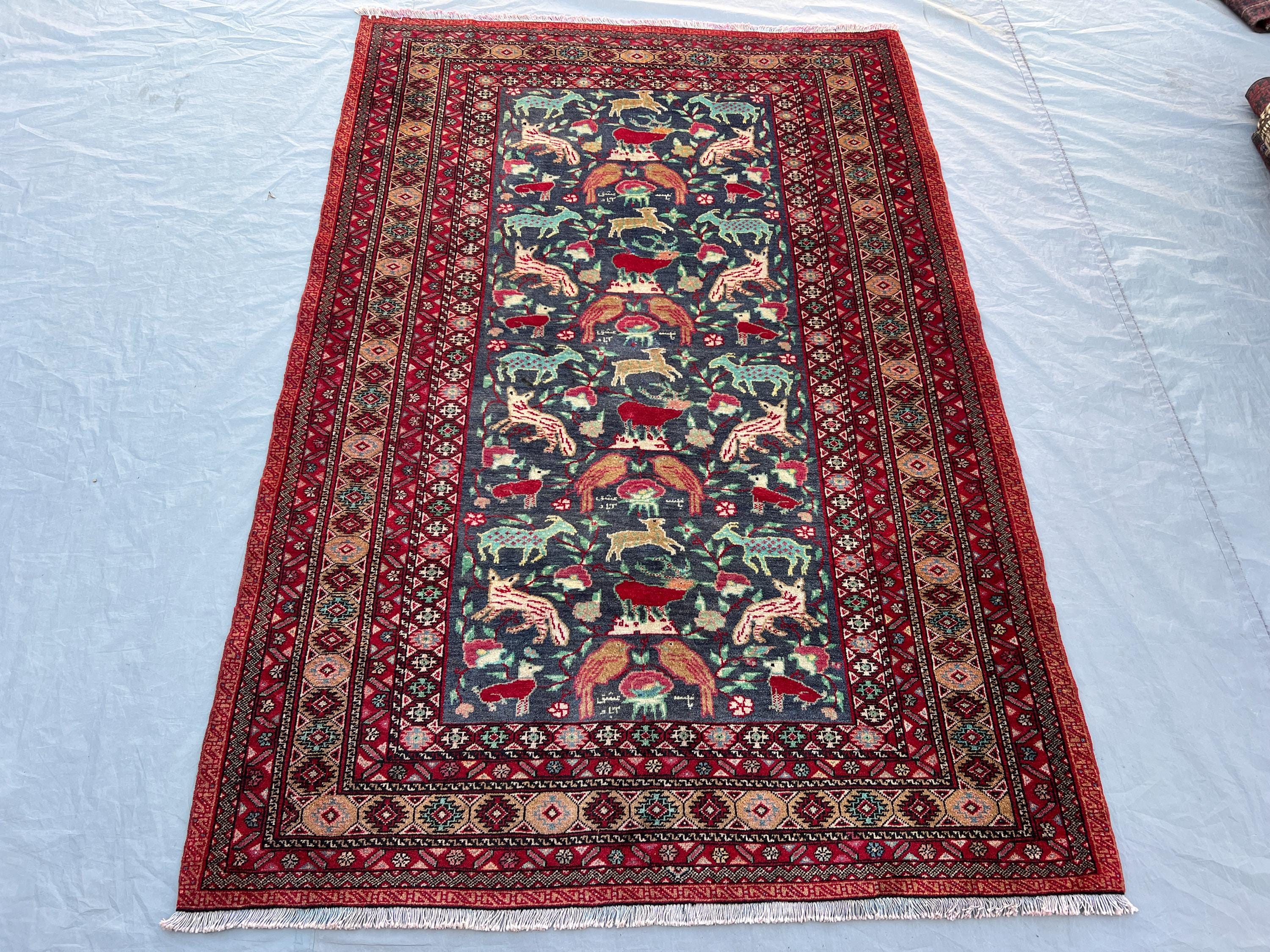 4'3x6'4 ft Vintage Afghan Hand-Knotted Rug – Animal Motifs Design with Red Border, Handmade, Boho Home Decor, Cozy Living Room Accent