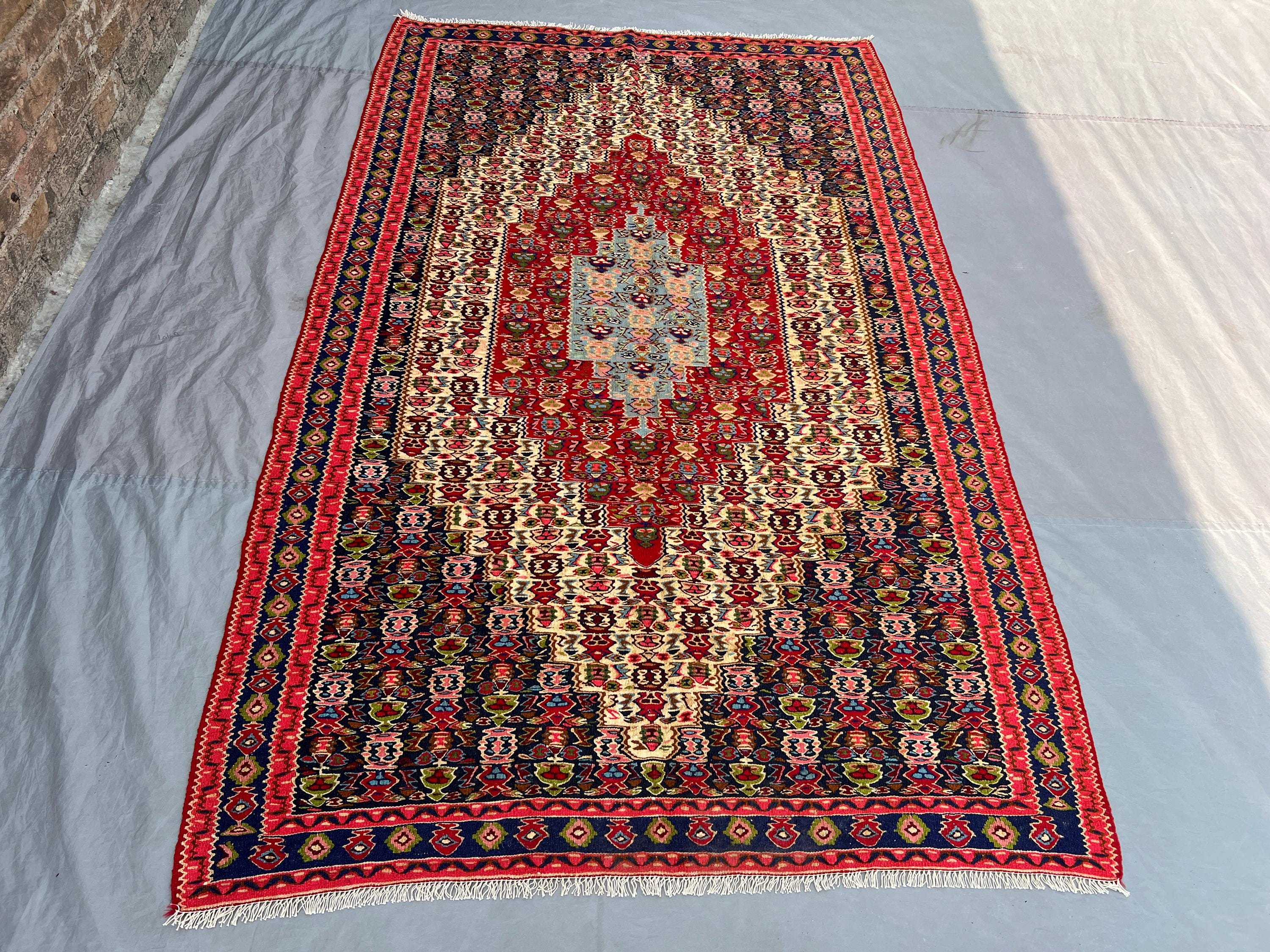4'11x8 Antique Afghan Senneh Kilim Flatweave | Red Ivory Sky Blue Diamond Medallion | Handwoven Wool Rug for Living Room Dining Room Bedroom