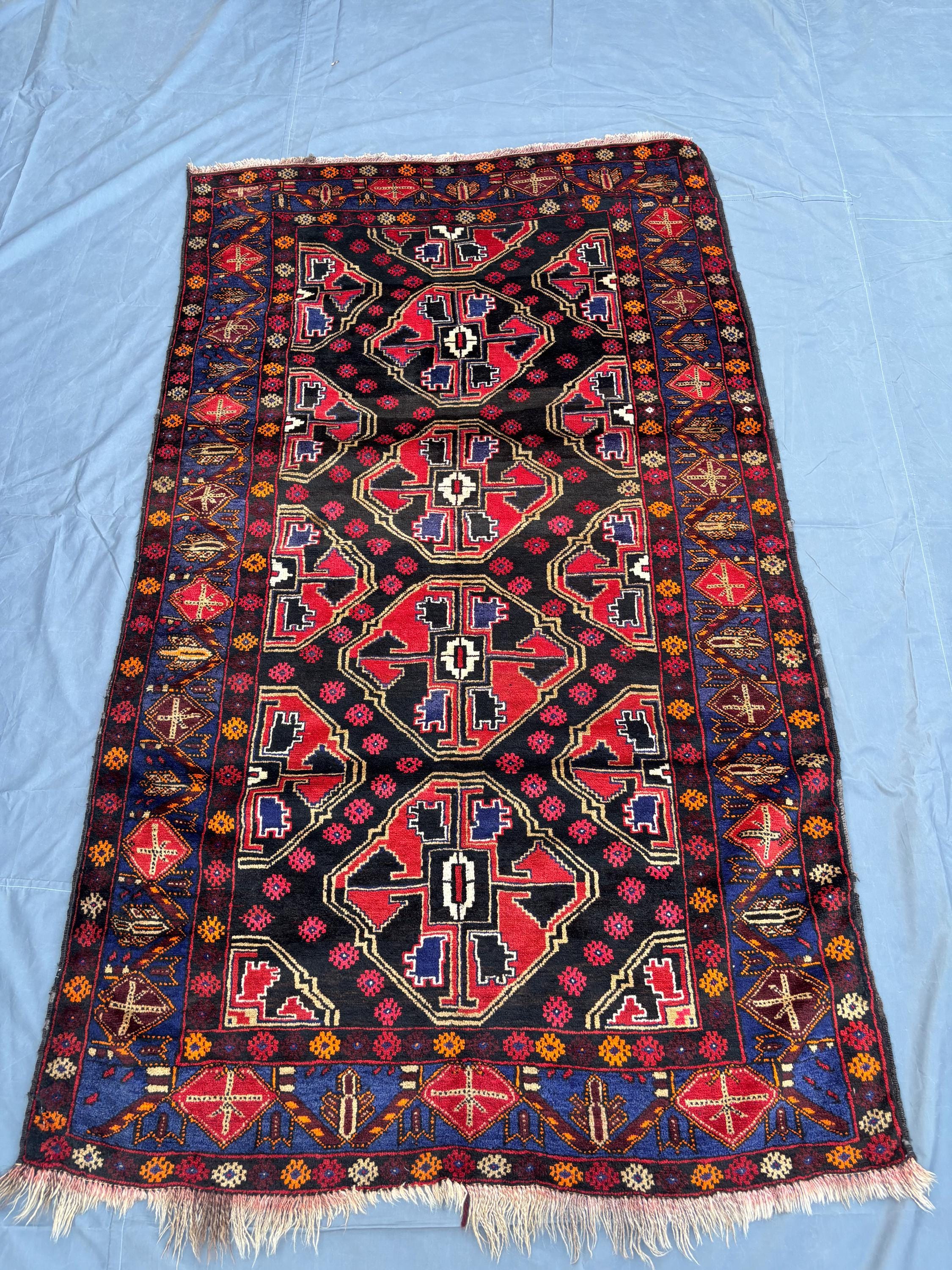 5' x 7'6 Vintage Afghan Rug | Hand-Knotted Baluchi Rug | Black Red Tribal Geometric Wool Carpet | Soft Pile Tr