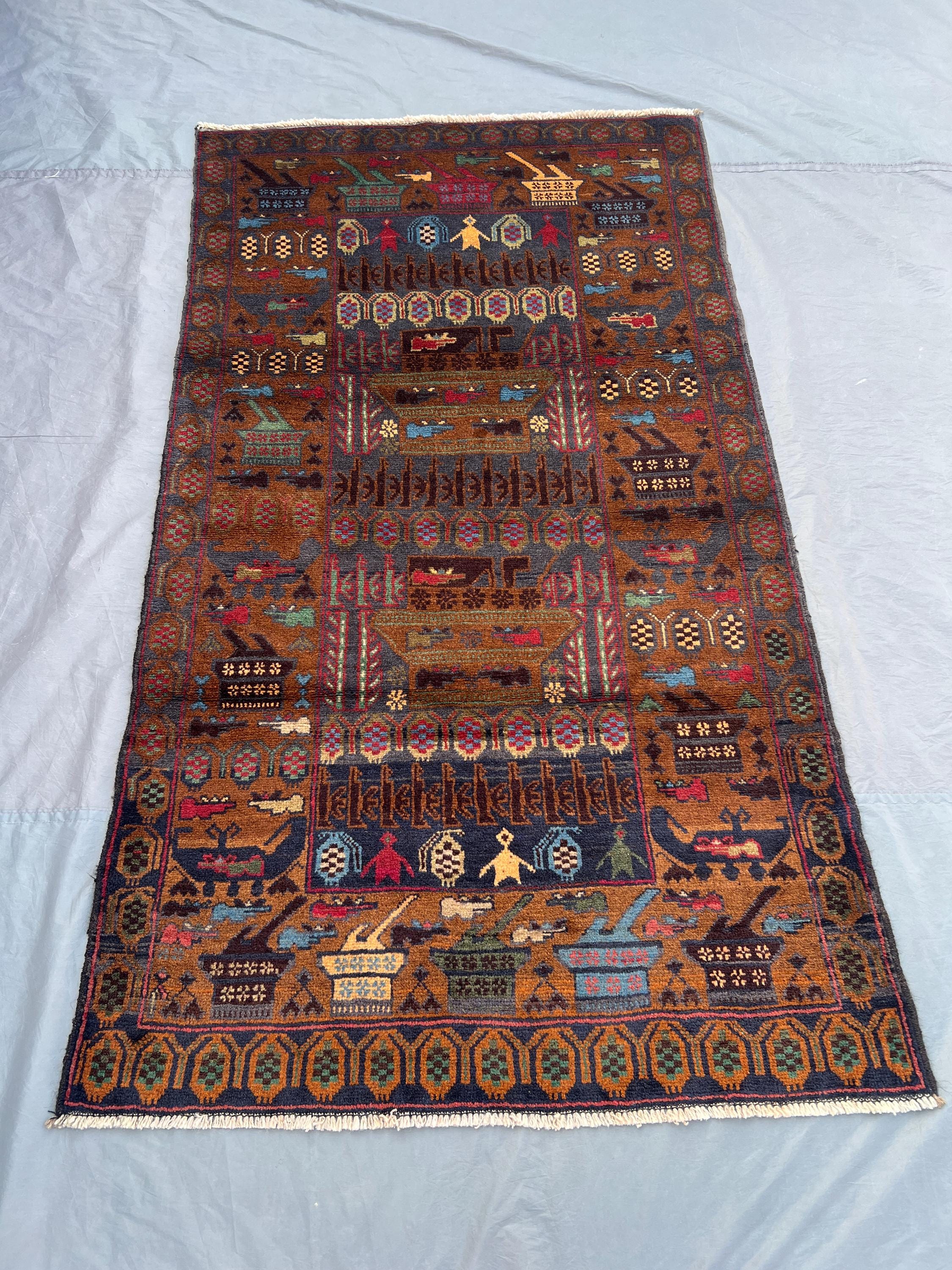 Afghan Pictorial War Rug | 4 x 7 Hand-Knotted Wool rug | Vintage Baluchi Tribal Design | Rare Soft Pile Collec