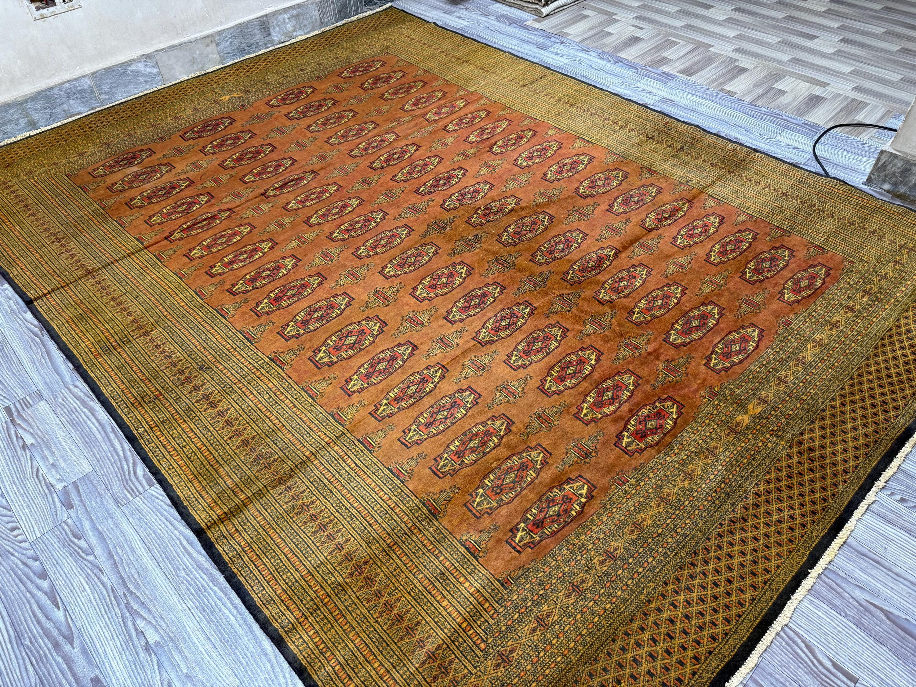 Vintage Turkmen Bukhara Rug – 8x10'9" Ft, Rare Geometric Mowri Design, Faded Colors, Handwoven Tribal Carpet, Living Room Rug, Bedroom Rug