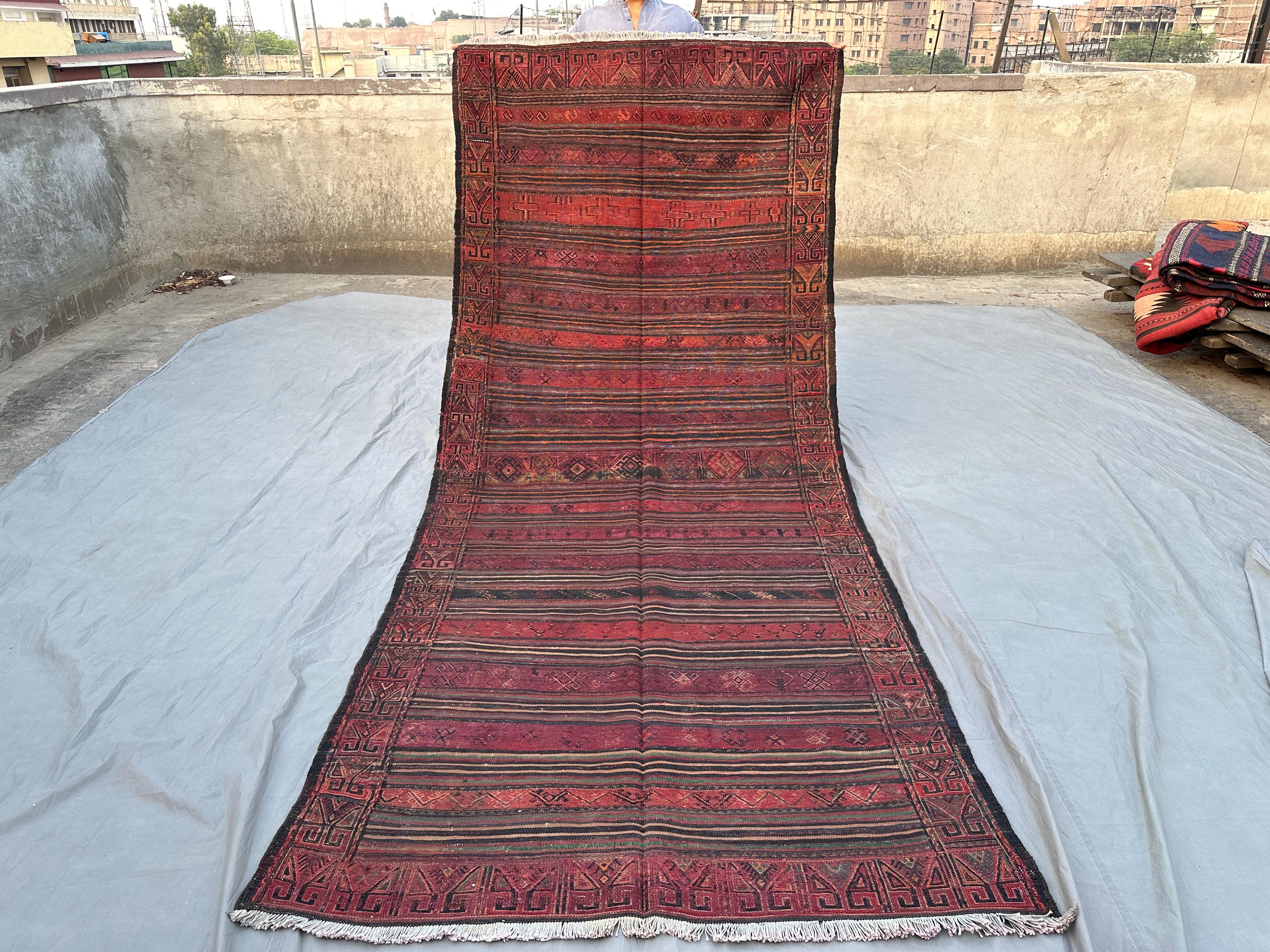 4'5x10'4 ft Antique Afghan Baluchi Kilim Rug | Handwoven Tribal Runner | Vintage Flatweave Wool Carpet | Rustic Boho Hallway Rug Decor