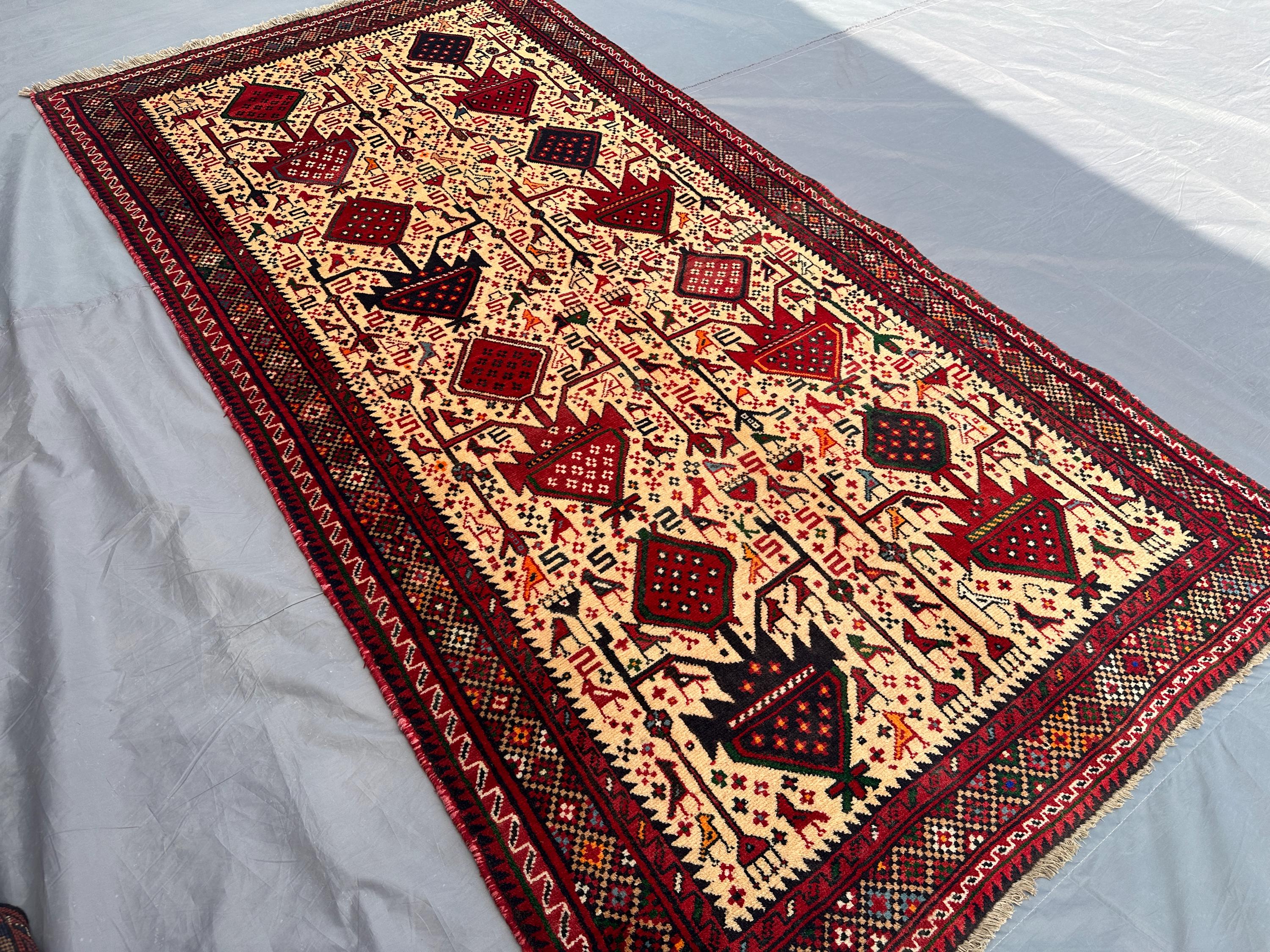Handmade Afghan Turkmen Tribal Rug | Caucasian Style Geometric Pattern | Wool Area Rug for Kitchen | 3'8 x 7'0