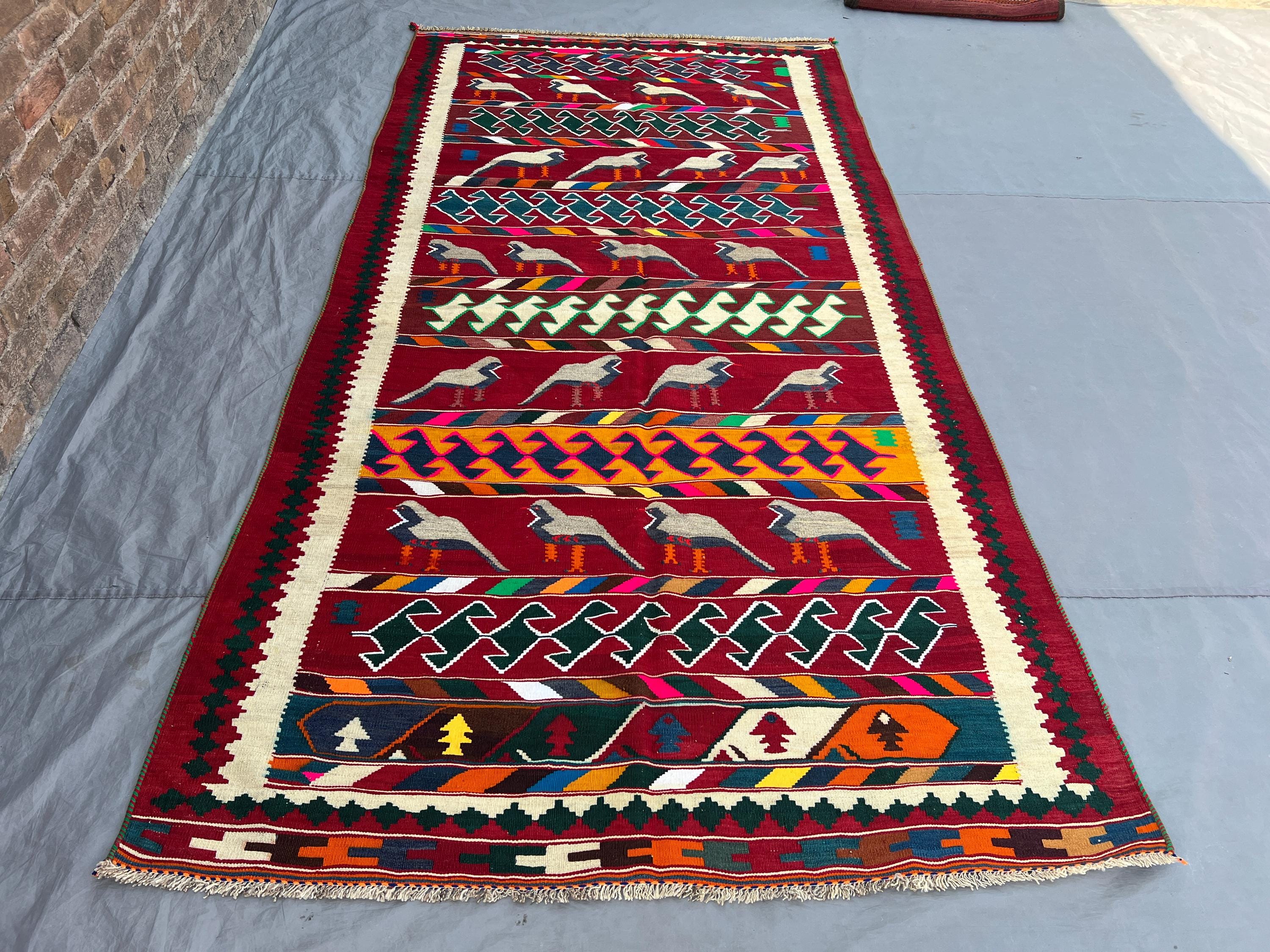 5'1x9'10 Ft Vintage Afghan Kilim Flatweave | Red Multicolor Banded Figurative Animal Bird |Handwoven Wool Tribal Rug Living Room Dining Room