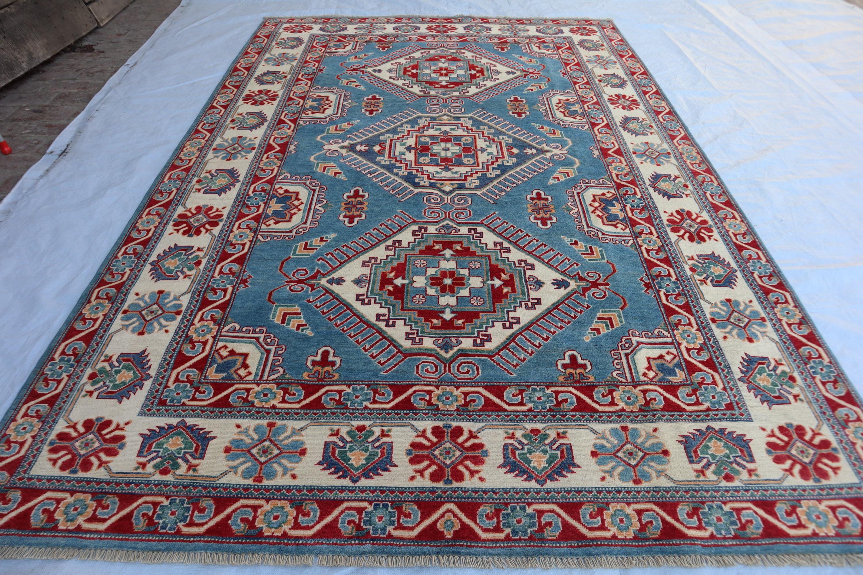7 x 10 Afghan Hand-Knotted Modern Soft Pile Super Kazak Design Rug Vibrant Colorful Geometric Pattern Unique One-of-a-Kind Rug bedroom rug