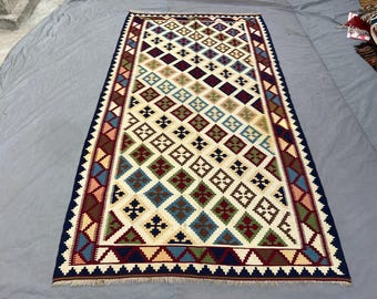 Turkish 5.2 x 9.6 ft large vintage flat weave kilim rug, hand woven Anatolian tribal geometric area carpet, unique one of a kind decor