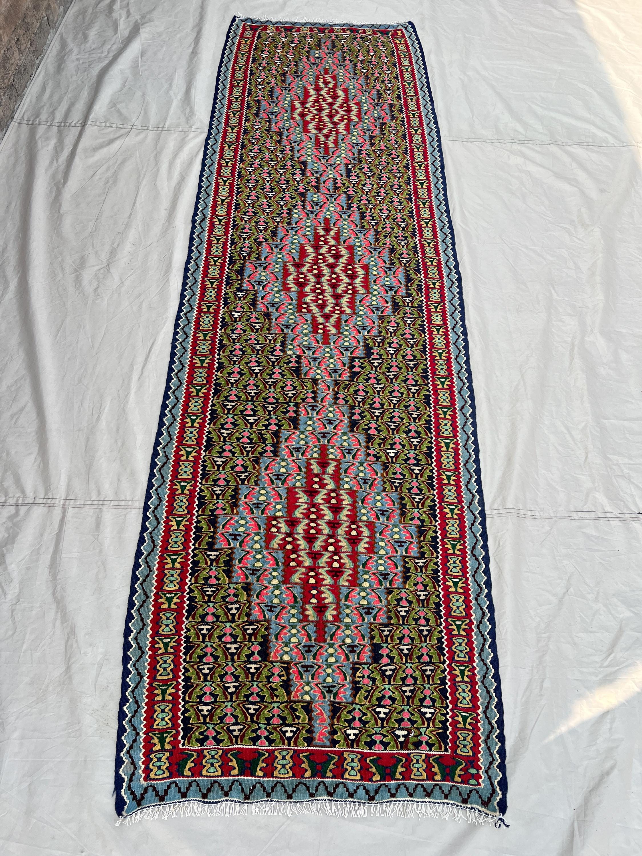 2'9x9'4 Ft Vintage Afghan Senneh Kilim Runner Flatweave | Olive Green Red All-Over Boteh | Handwoven Wool Rug