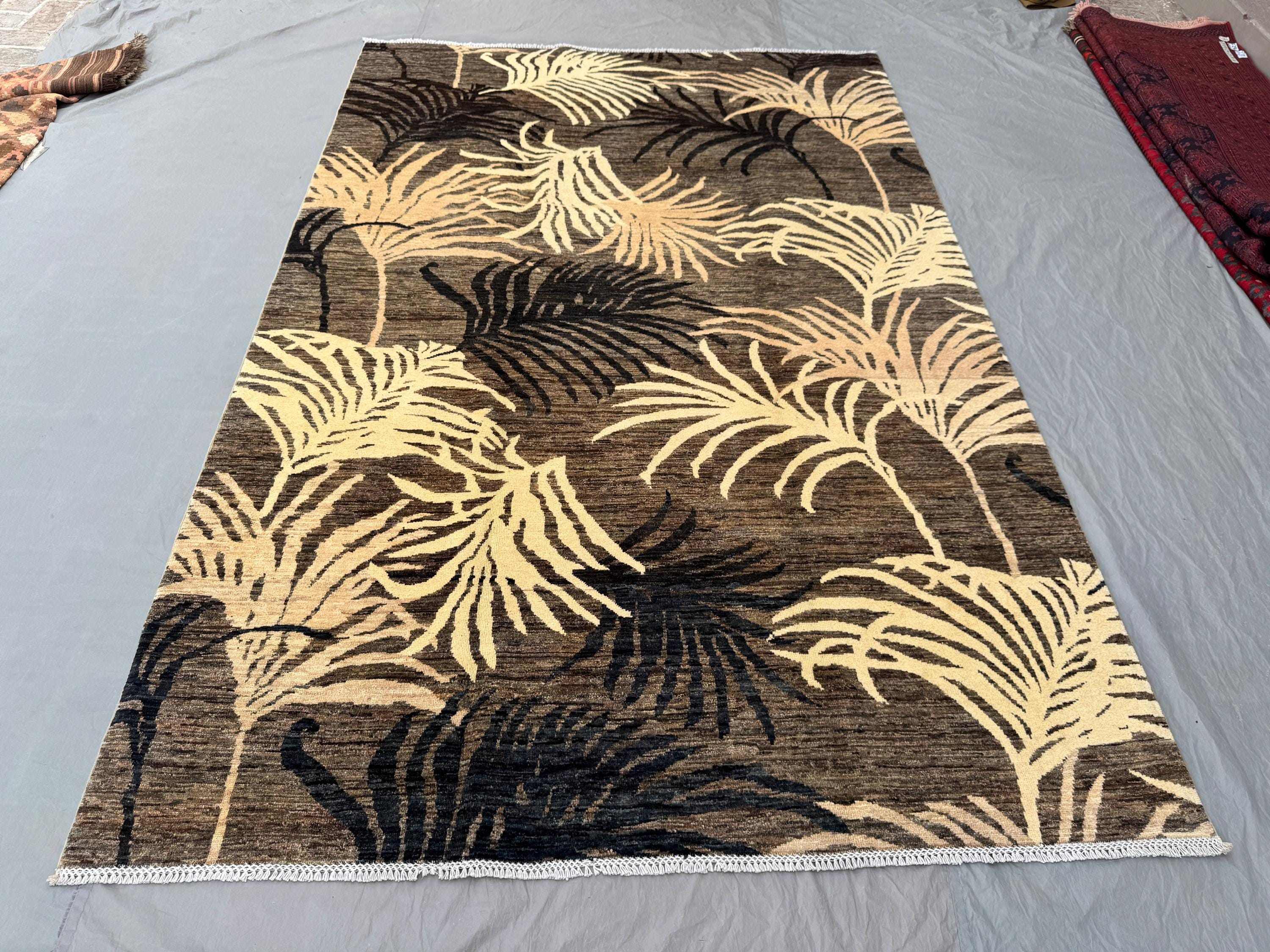 Modern Afghan Hand-Knotted Rug 7 x 10 ft Soft Pile One of a Kind Oushak Design Large Area Rug Authentic Handmade Carpet Neutral Tones