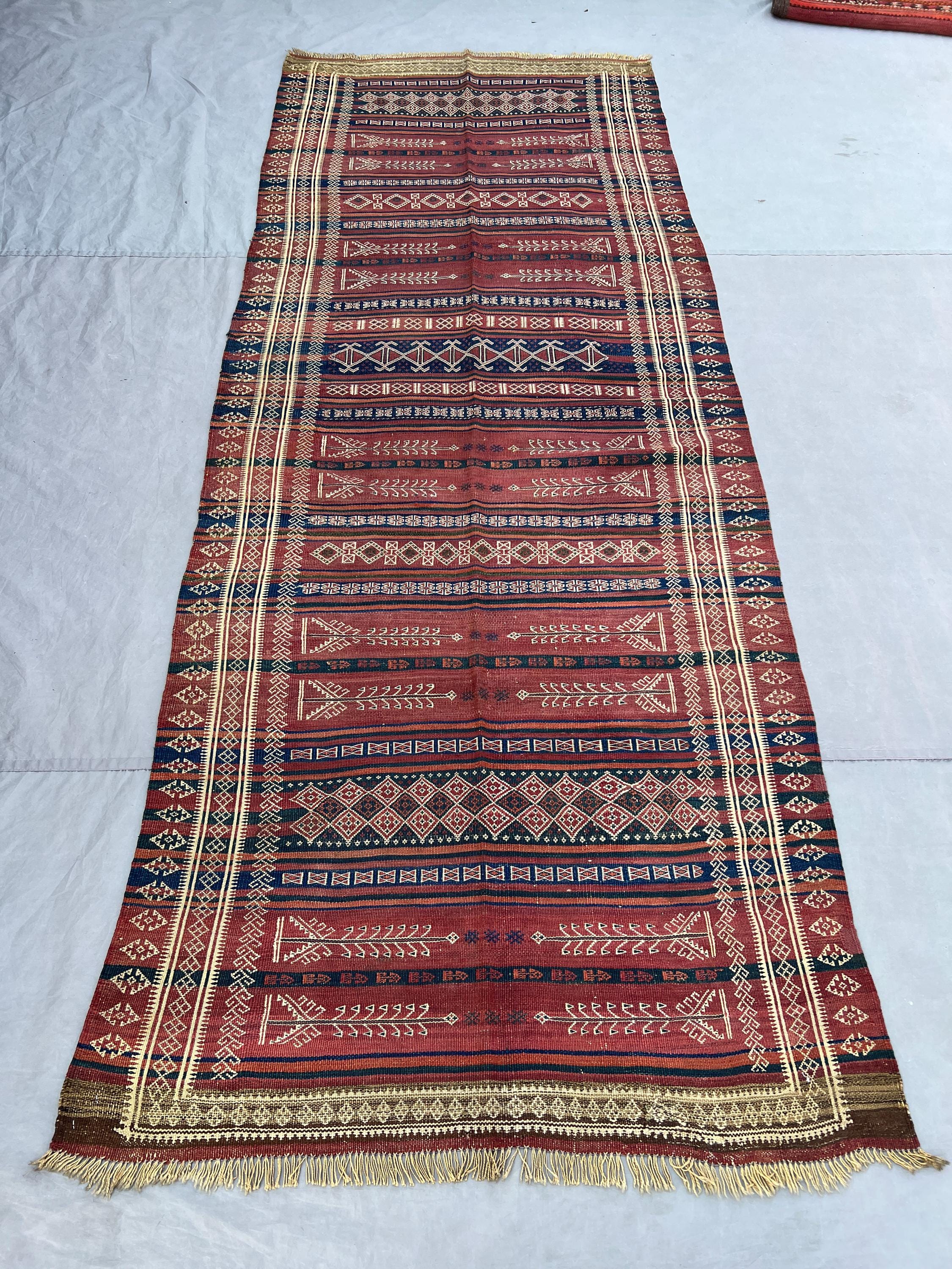 3'11x10 Vintage Afghan Kilim Runner | Flat Weave Wool Hallway Runner | Red Navy Ivory Horizontal Stripe Geometric Kilim Runner
