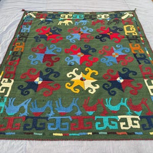 6 x 7 ft Afghan Hand Woven Vintage Flat Weave Kilim Unique Patchwork Home Boho Decor Pictorial Camel Print Suzani Design, Green, Red, Blue