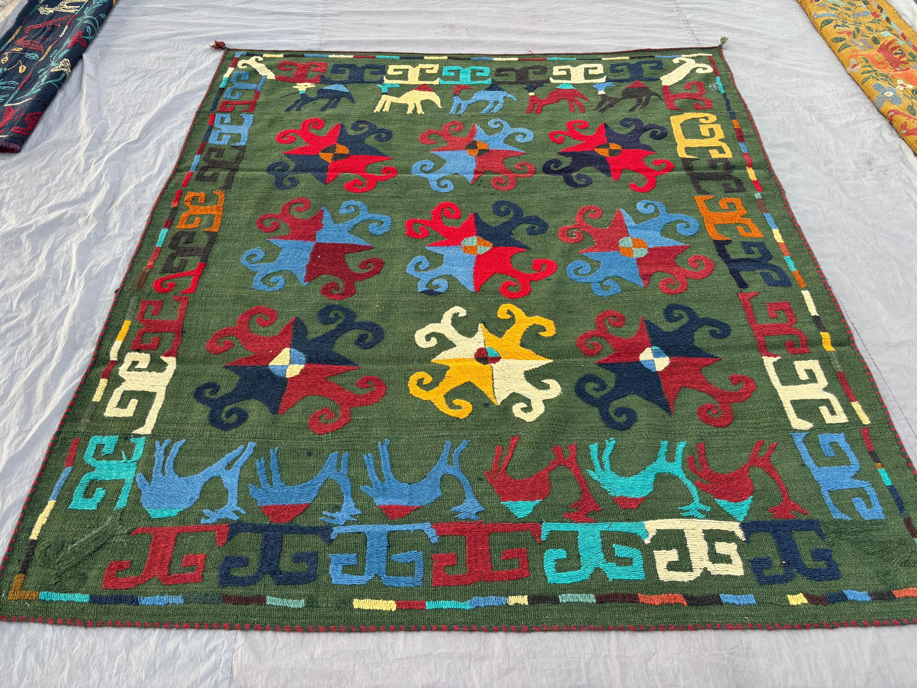 6 x 7 ft Afghan Hand Woven Vintage Flat Weave Kilim Unique Patchwork Home Boho Decor Pictorial Camel Print Suzani Design, Green, Red, Blue