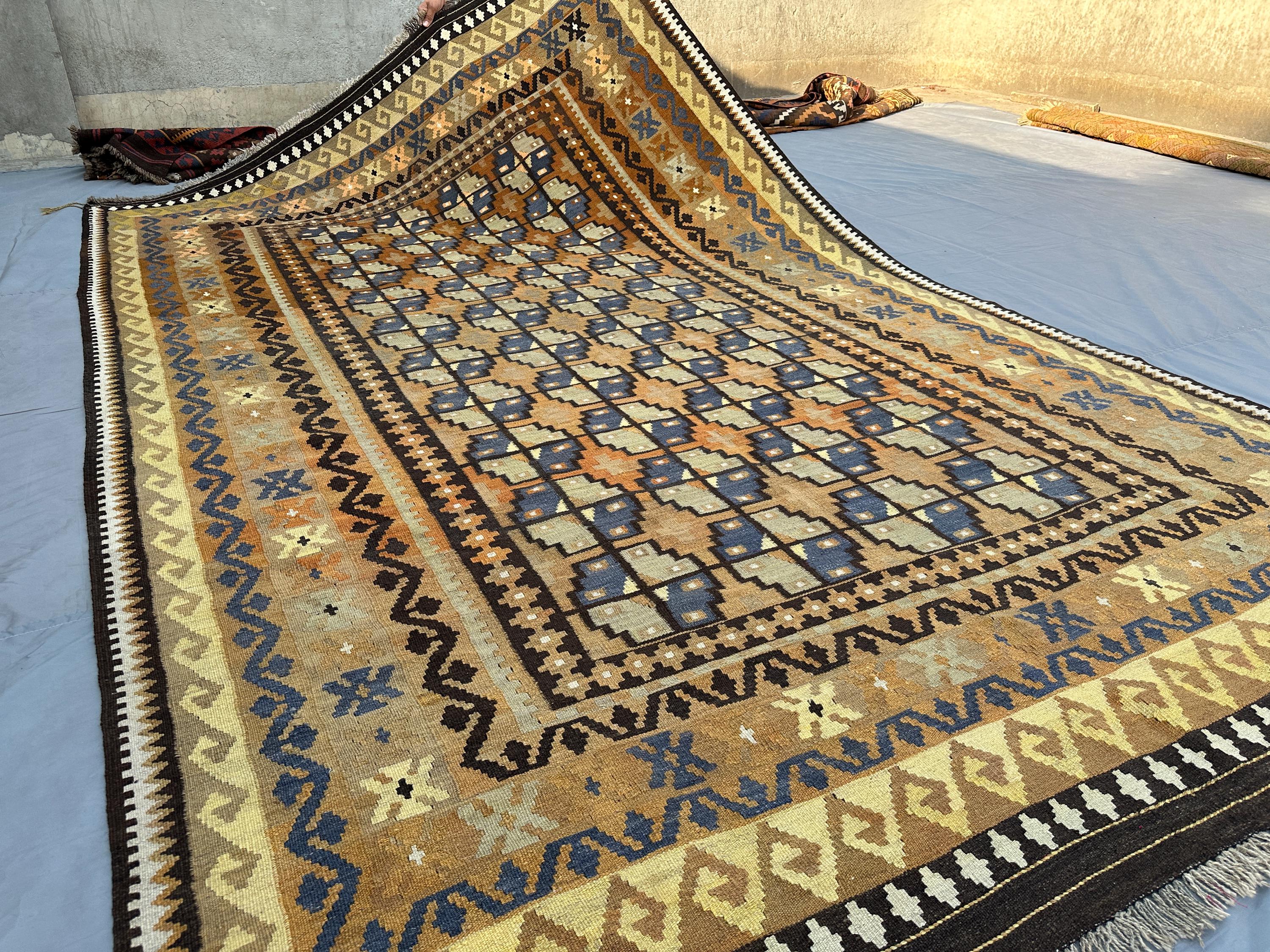 7x11 ft Antique Afghan Flat-Weave Kilim Rug, Turkmen Faded Design, Turkish Style Kilim, Large Handmade Wool Ge