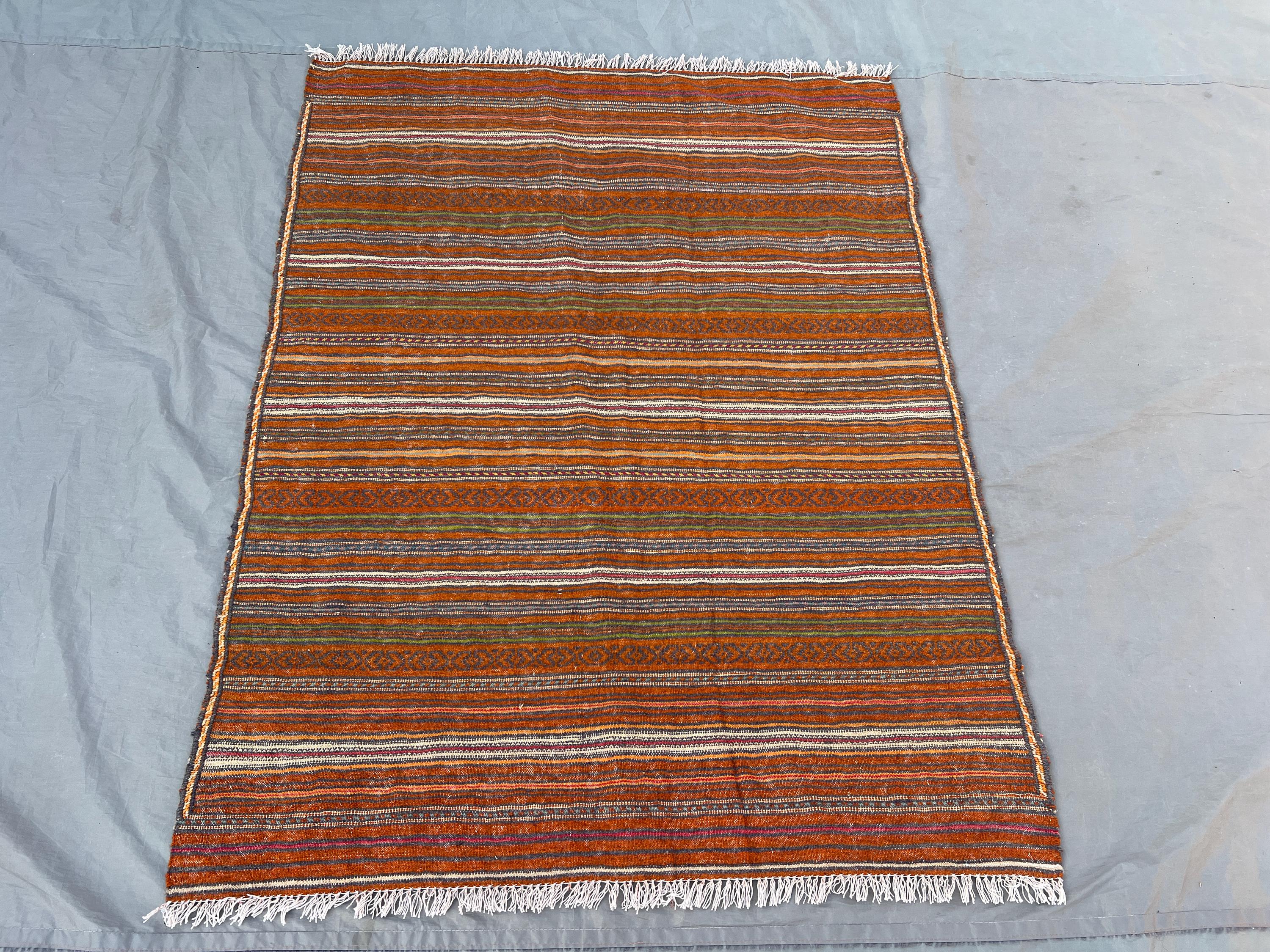 3'6x4'6 Vintage Afghan Wool Kilim Flat Weave Rug Earthy Burnt Orange Olive Green Gray Horizontal Stripe Tribal Pattern | Rustic Accent Rug