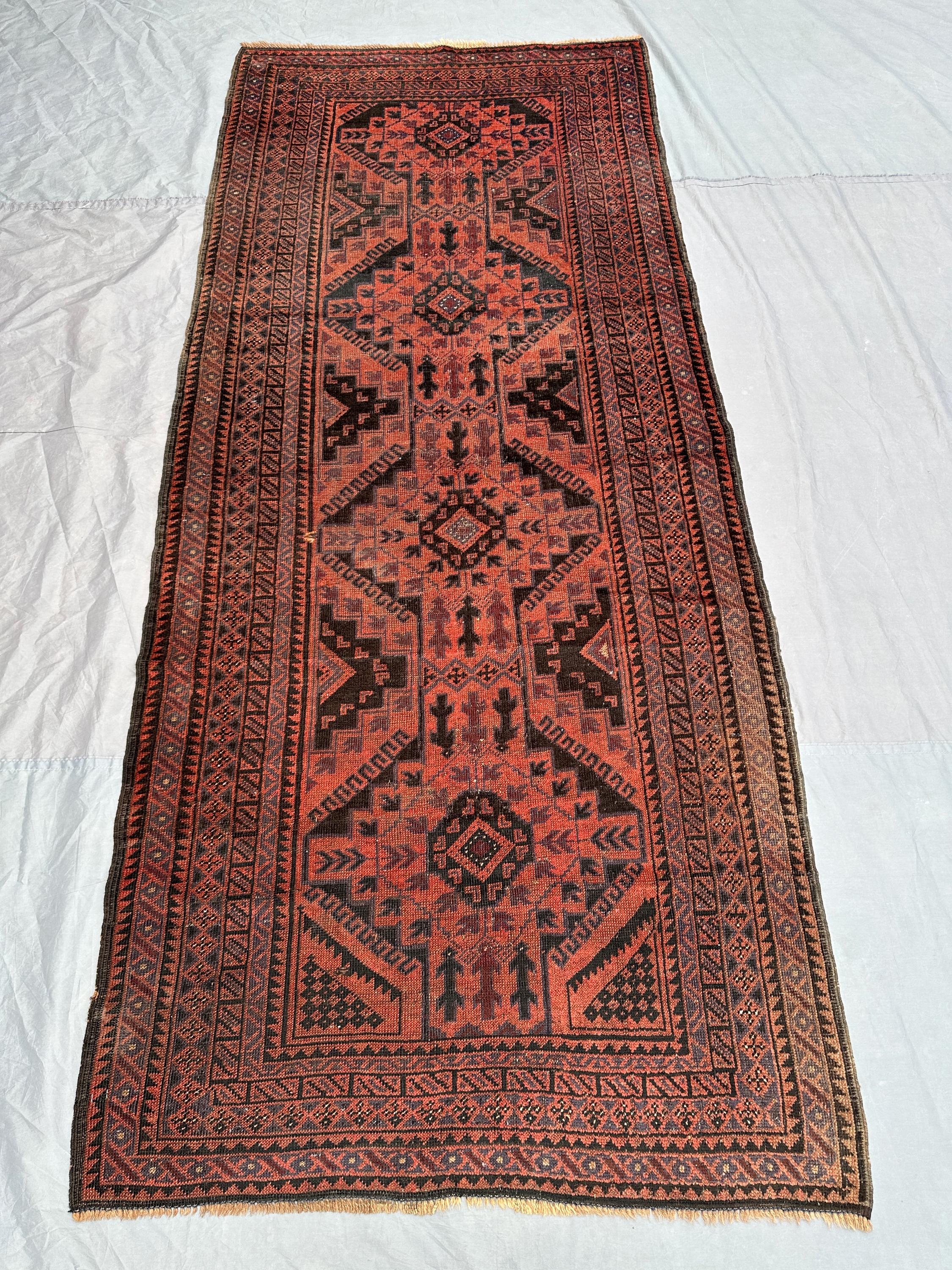 4x9 ft Afghan Hand-Knotted Vintage Low Pile Distressed Balochi Rug, Tribal Geometric Runner, living room, bedroom, farmhouse, entryway decor