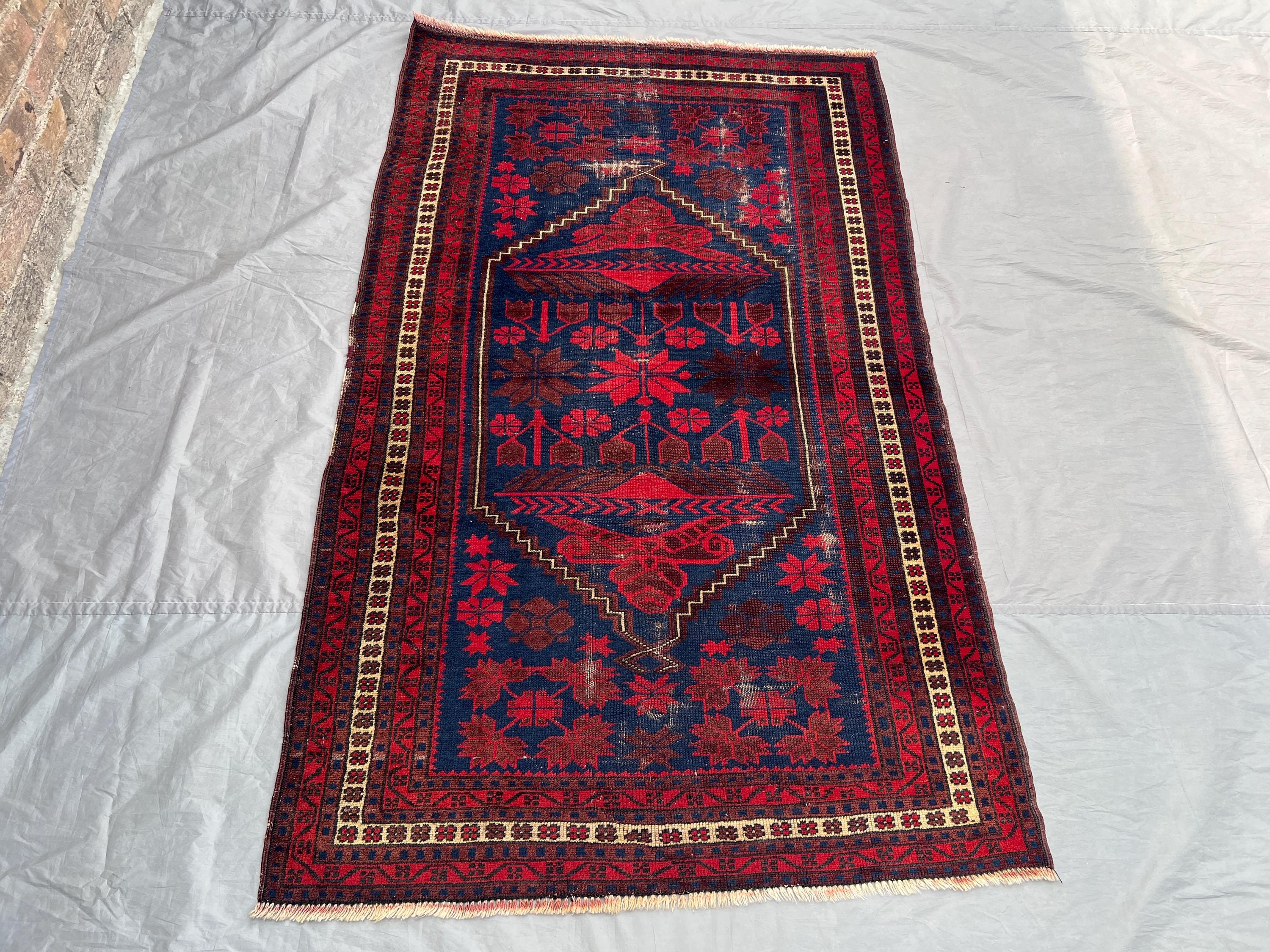 3.7x5.11 ft Afghan Ersari Turkmen Vintage Rug - Red, Blue, Yellow Geometric Handwoven Wool Rug, Traditional Tr