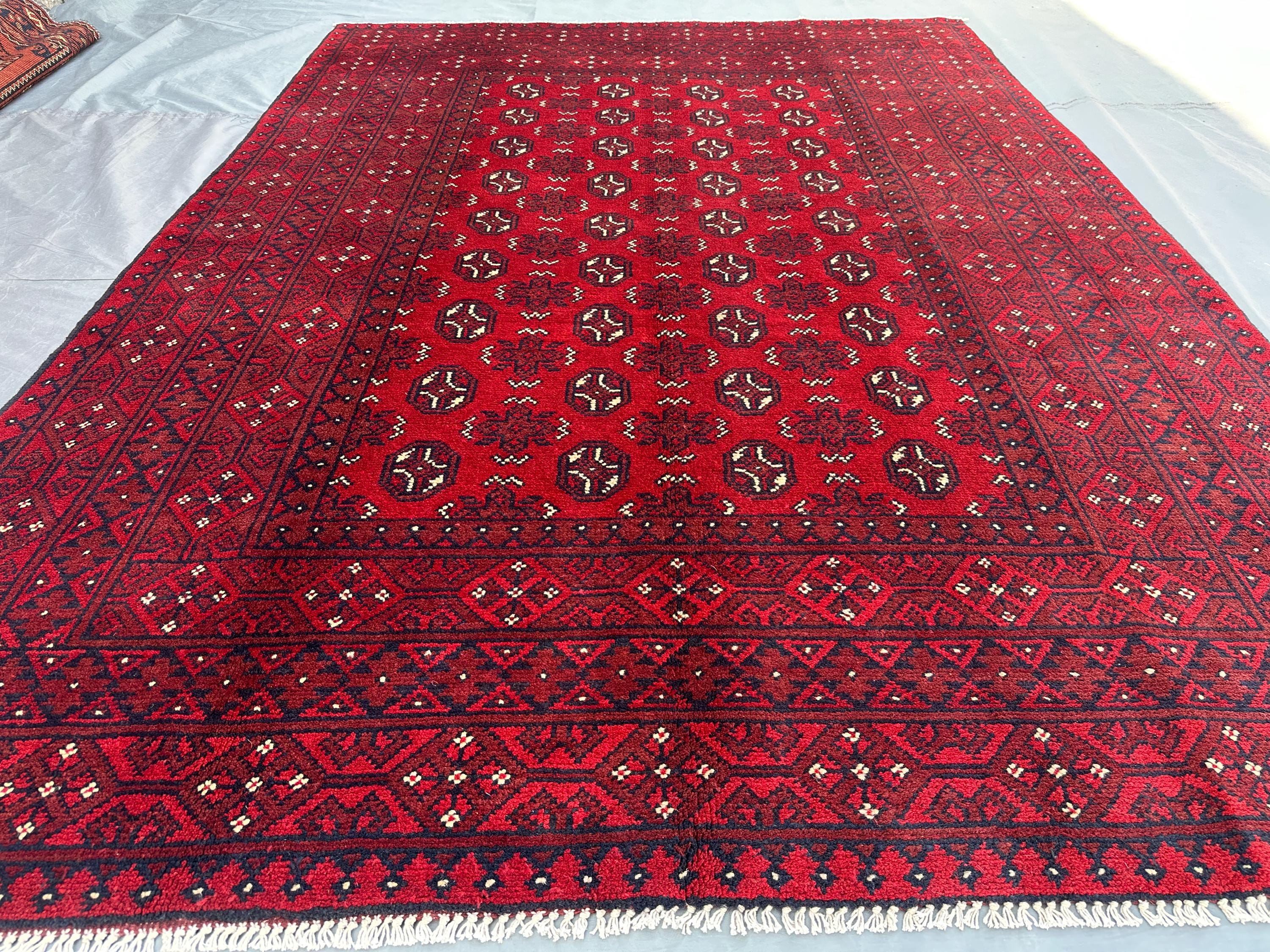 Vintage Afghan Red Rug 5'6" x 7'8 ft | Hand-Knotted Turkmen Bukhara Carpet | Tribal Wool Area Rug | Traditiona