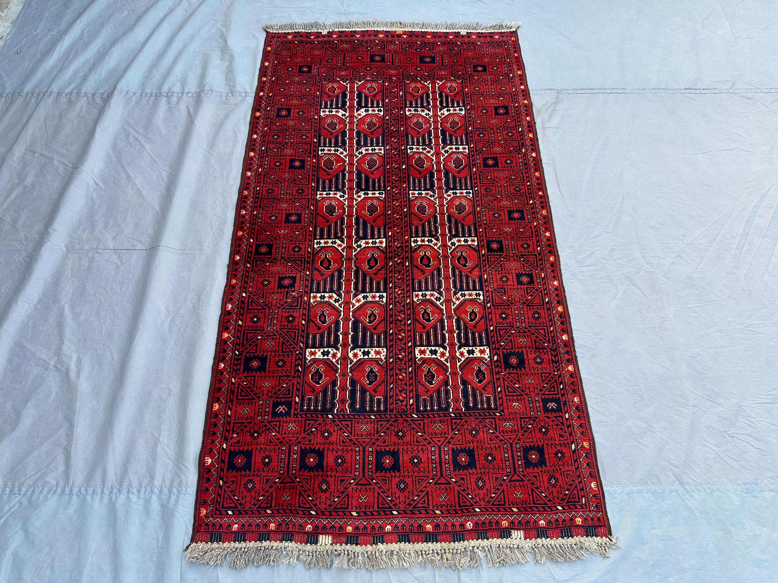 4 x 7 ft Afghan handmade vintage rug soft pile Turkmen Ersari geometric design rare oriental rug one of a kind floor decor | home boho decor