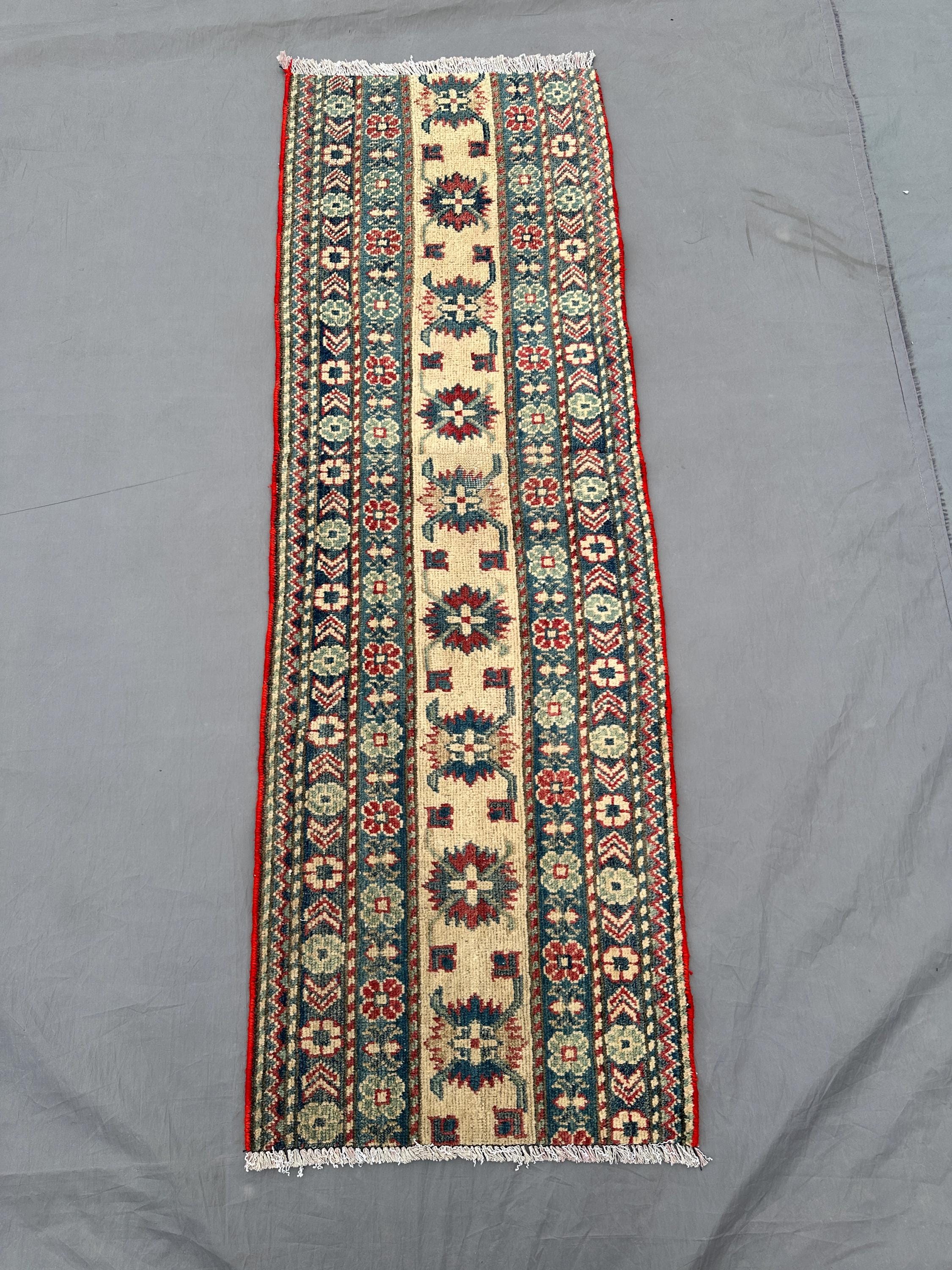1'9x5'2 ft Vintage Modern Runner Rug | Afghan Hand Knotted Oushak Carpet | Narrow Wool Hallway Rug | Geometric Old Tribal Rug, Kitchen rug