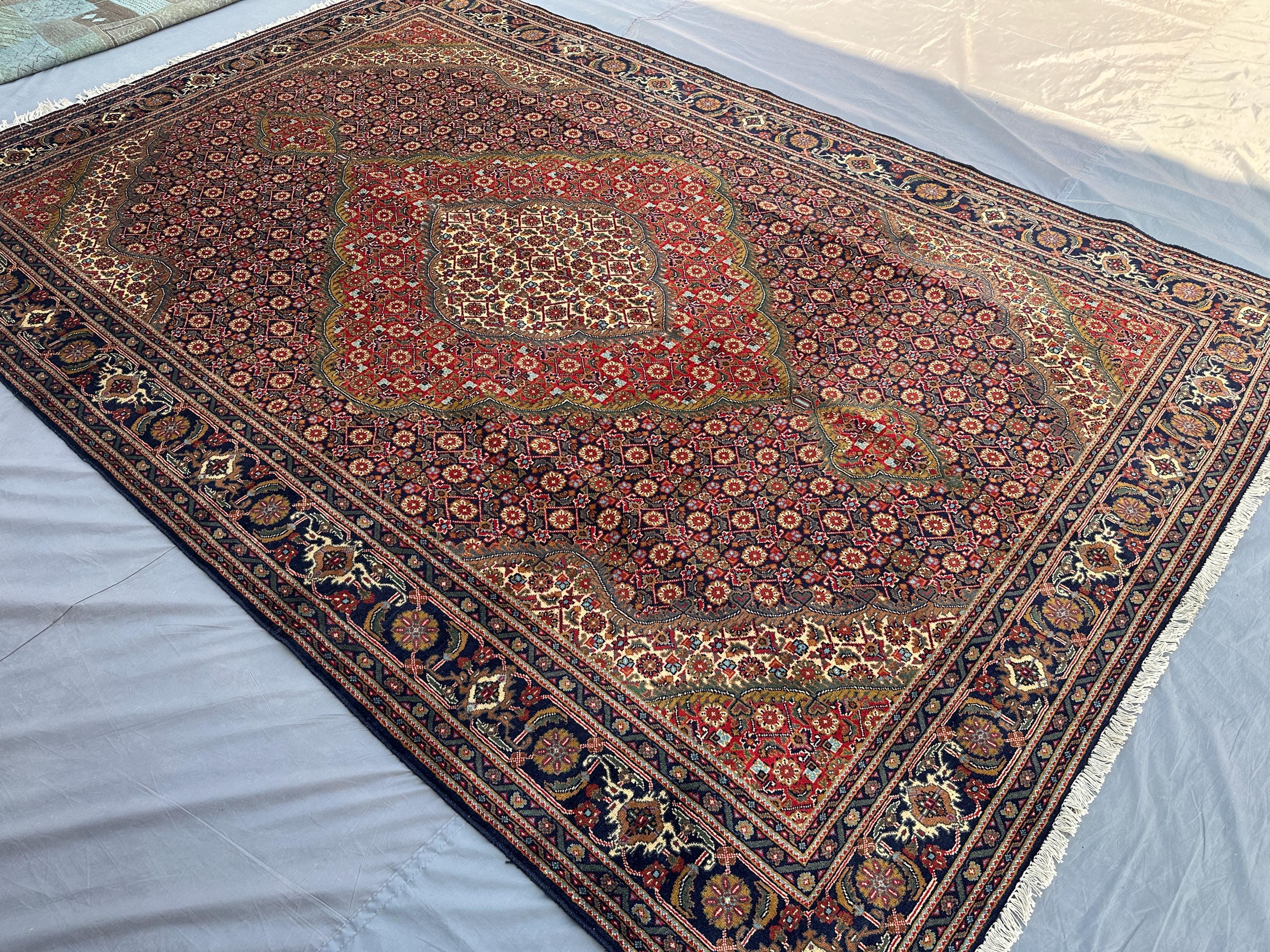 6'7x10 ft, Afghan Hand Knotted Rug, High Quality Wool Area Rug, Geometric Medallion Design, Red Navy Ivory Car