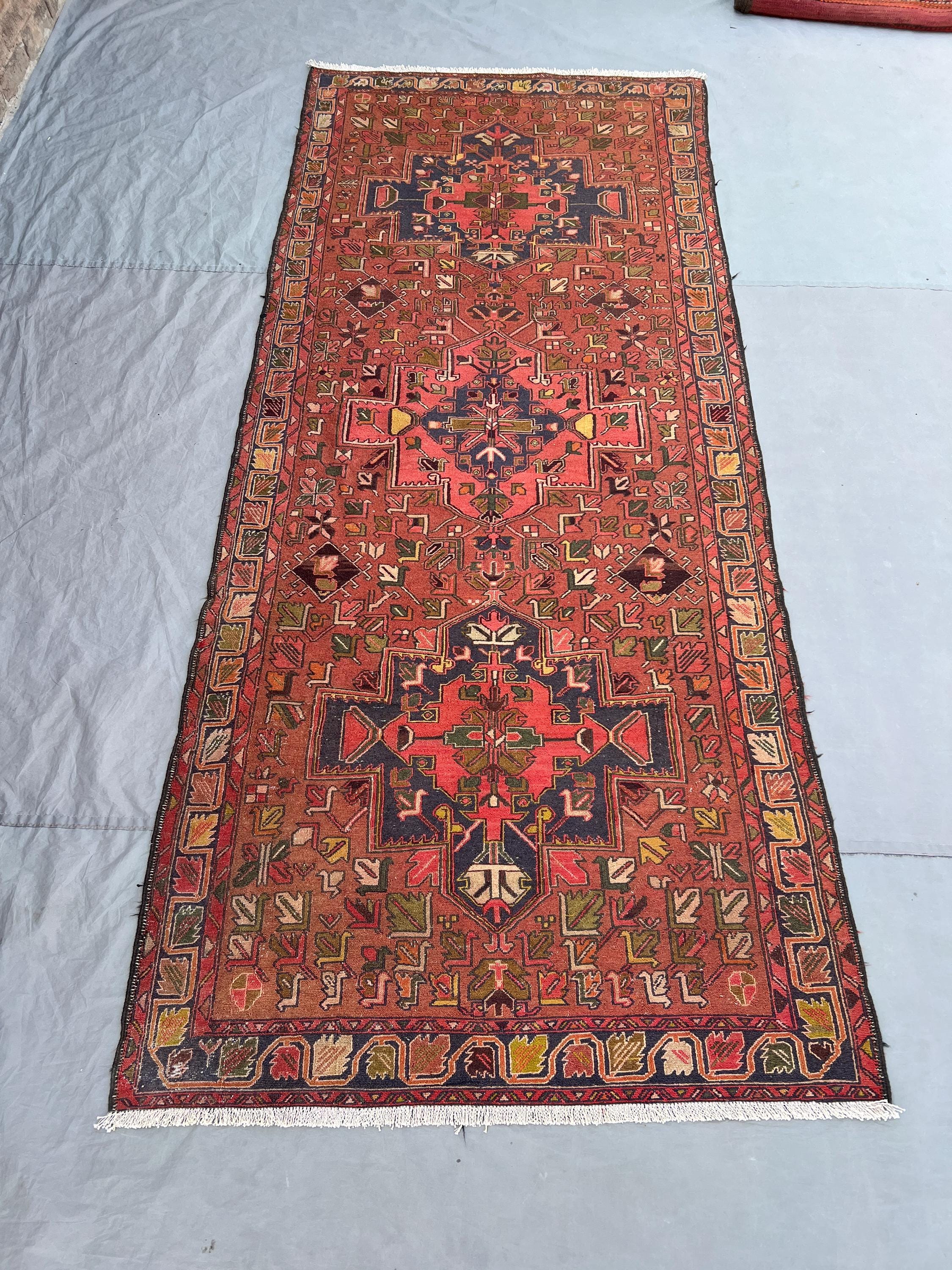 3'8x9'1 ft Vintage Afghan Herati Hand Knotted Wool Runner | Rust Red Navy Triple Medallion | Tribal Rug for Ha